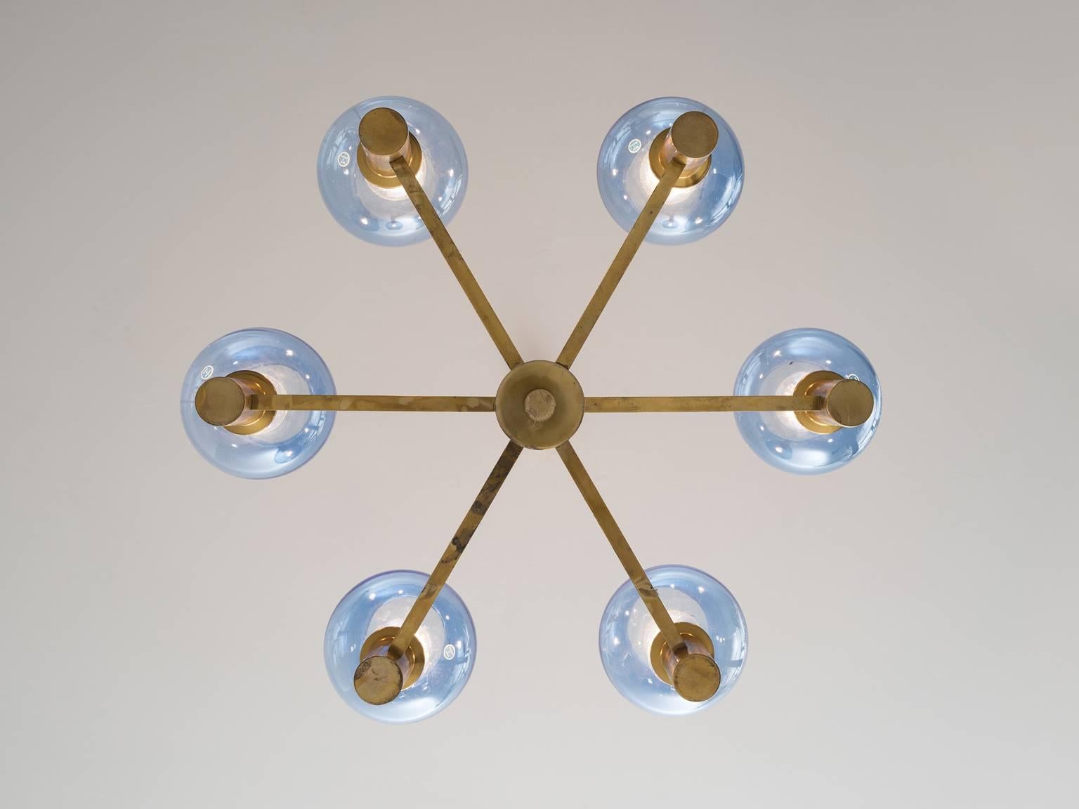 Swedish Chandelier in Brass with Blue Colored Glass Shades
