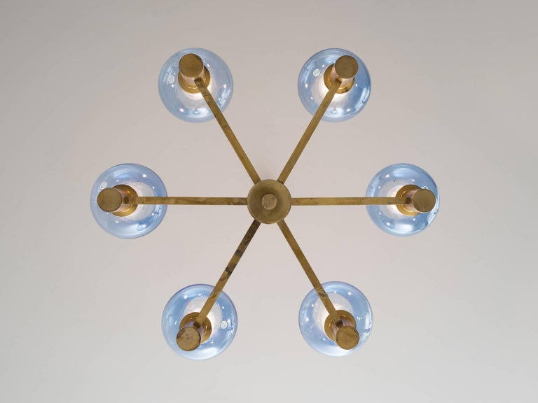 Mid-20th Century Chandelier in Brass with Blue Colored Glass Shades