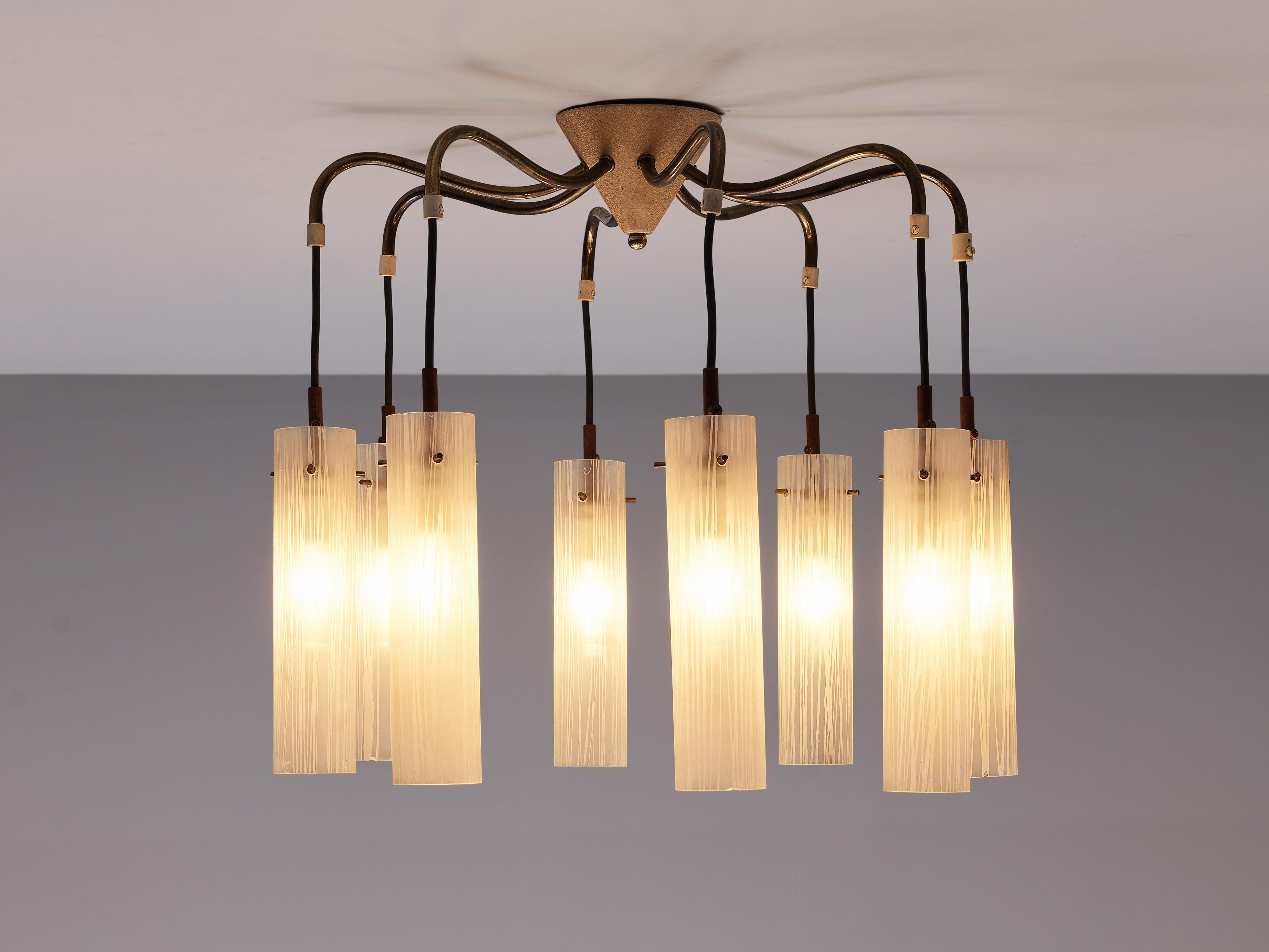 European Chandelier in Brass and Glass Tubular Shades For Sale