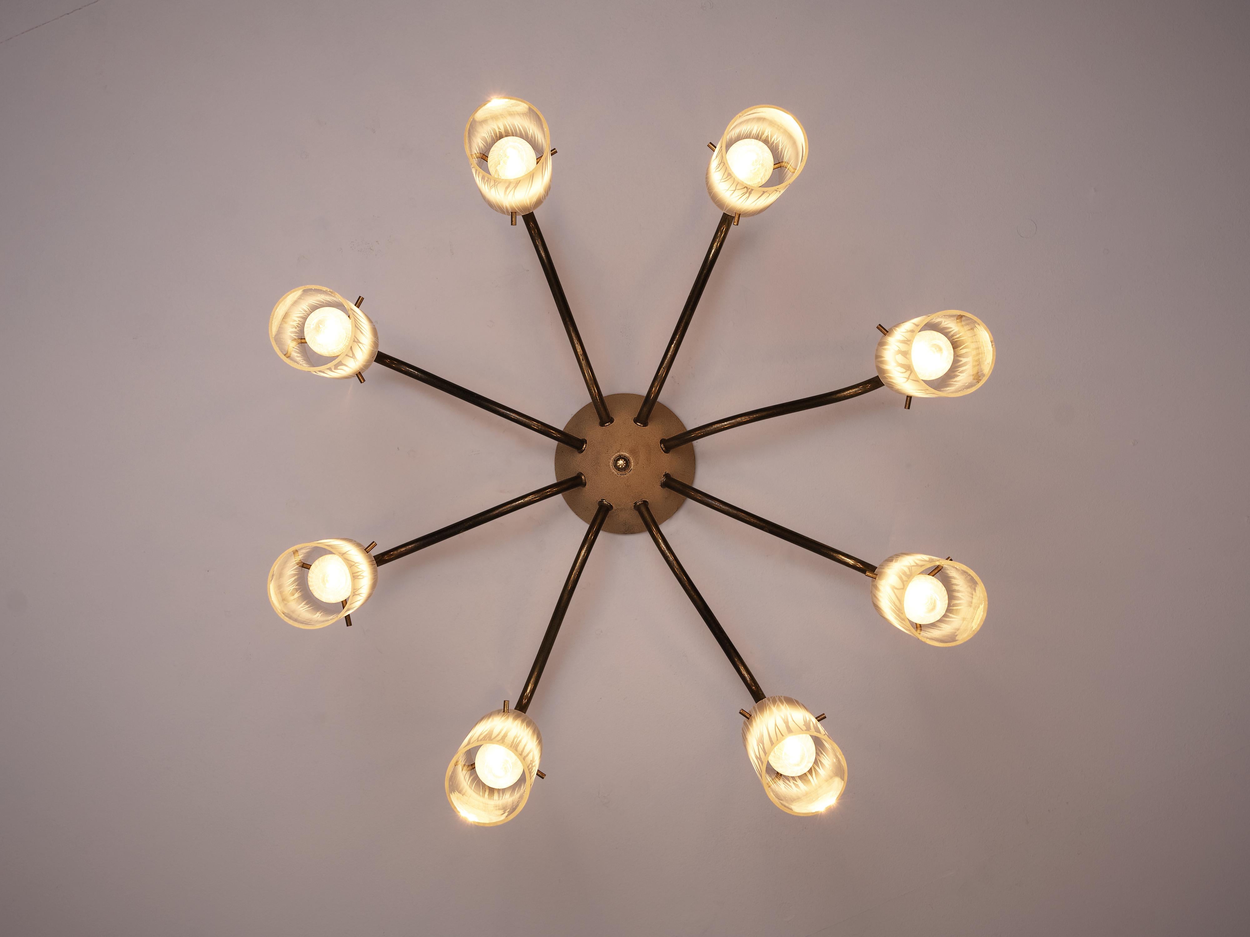 Chandelier in Brass and Glass Tubular Shades For Sale 1