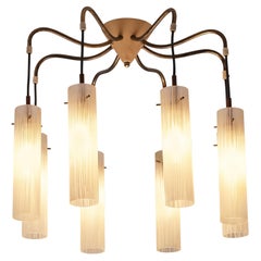 Retro Chandelier in Brass and Glass Tubular Shades