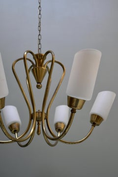 Chandelier in Brass with Opaline Glass, Italy 1950s