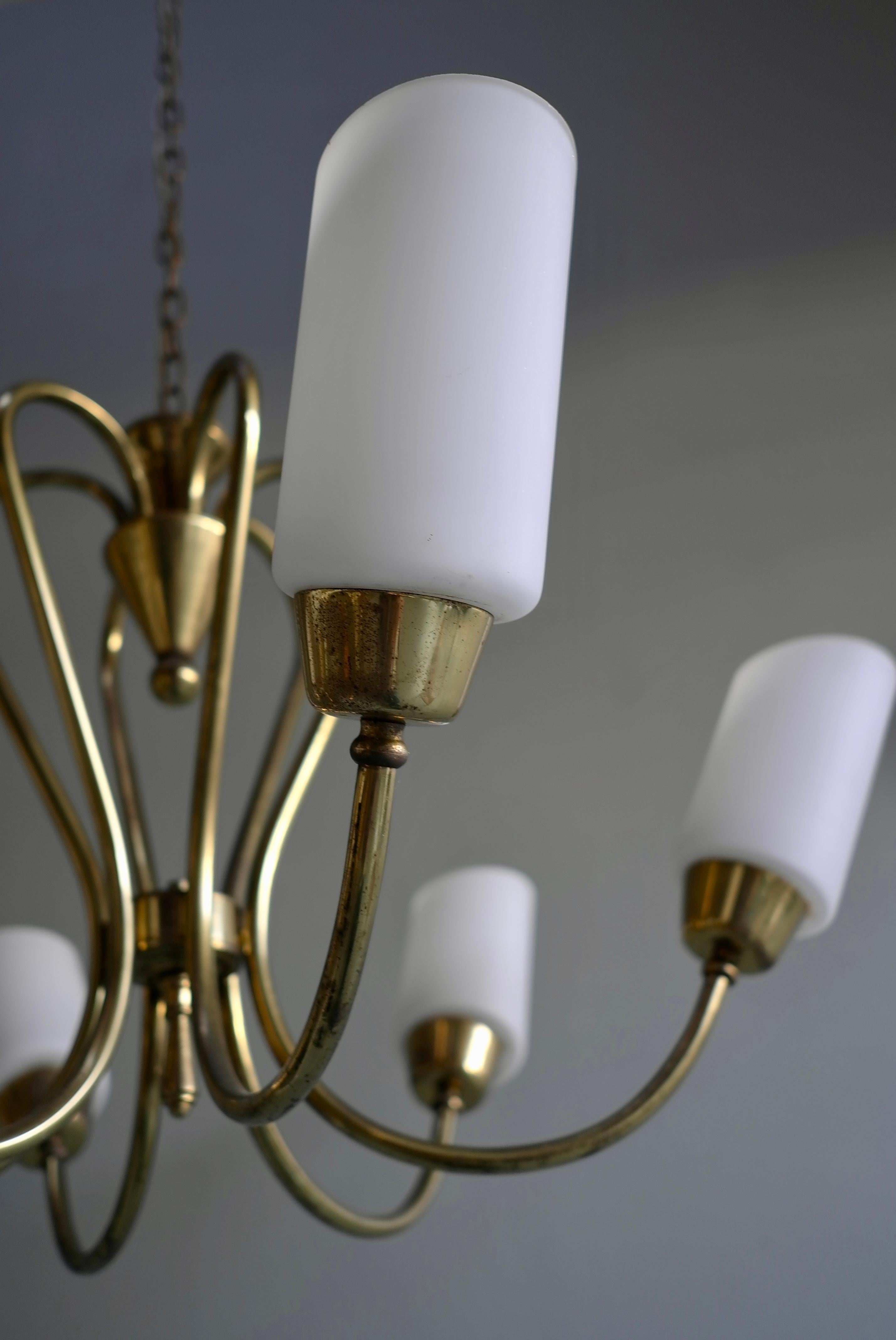Mid-Century Modern Chandelier in Brass with Opaline Glass, Italy 1950s For Sale