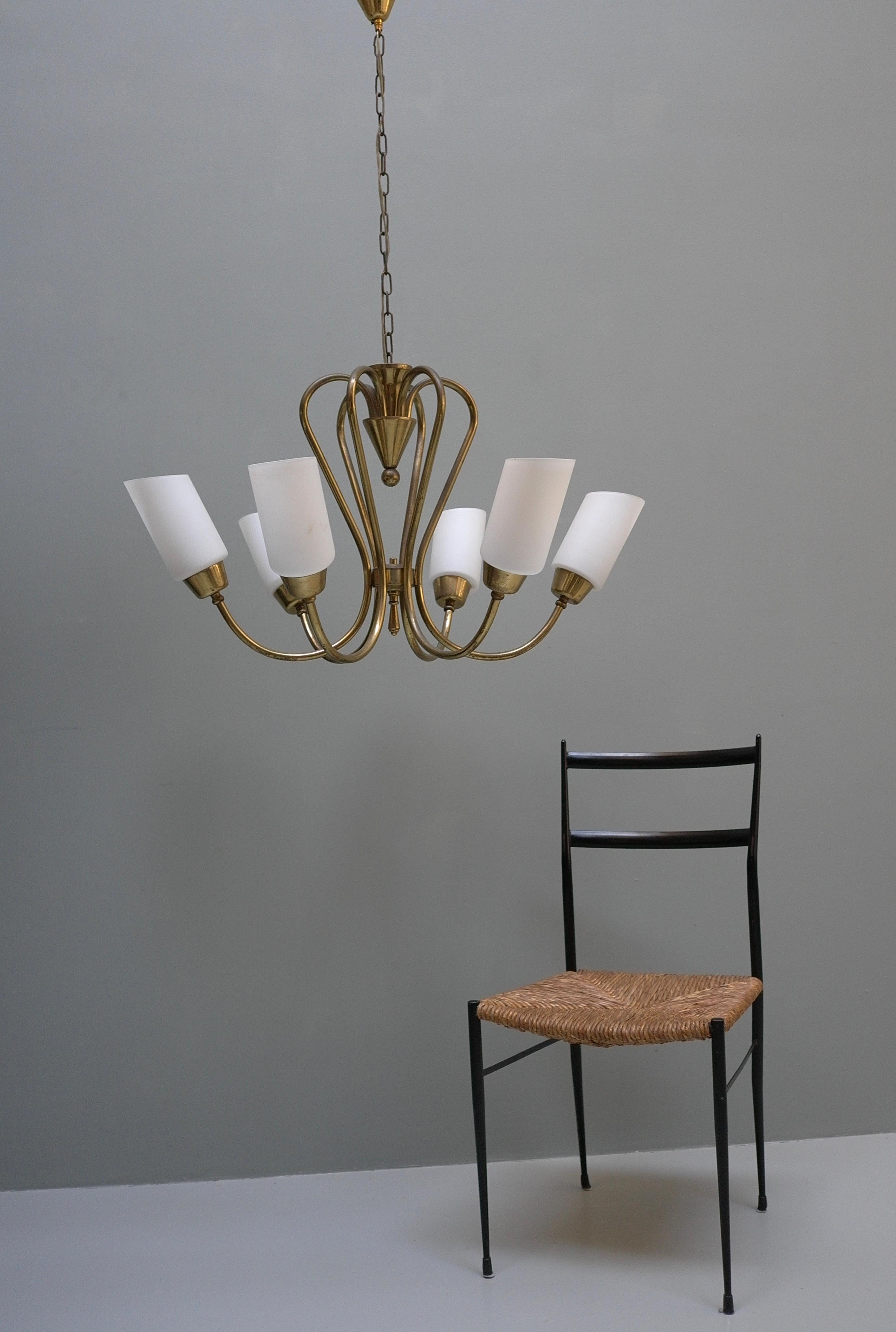 Italian Chandelier in Brass with Opaline Glass, Italy 1950s For Sale