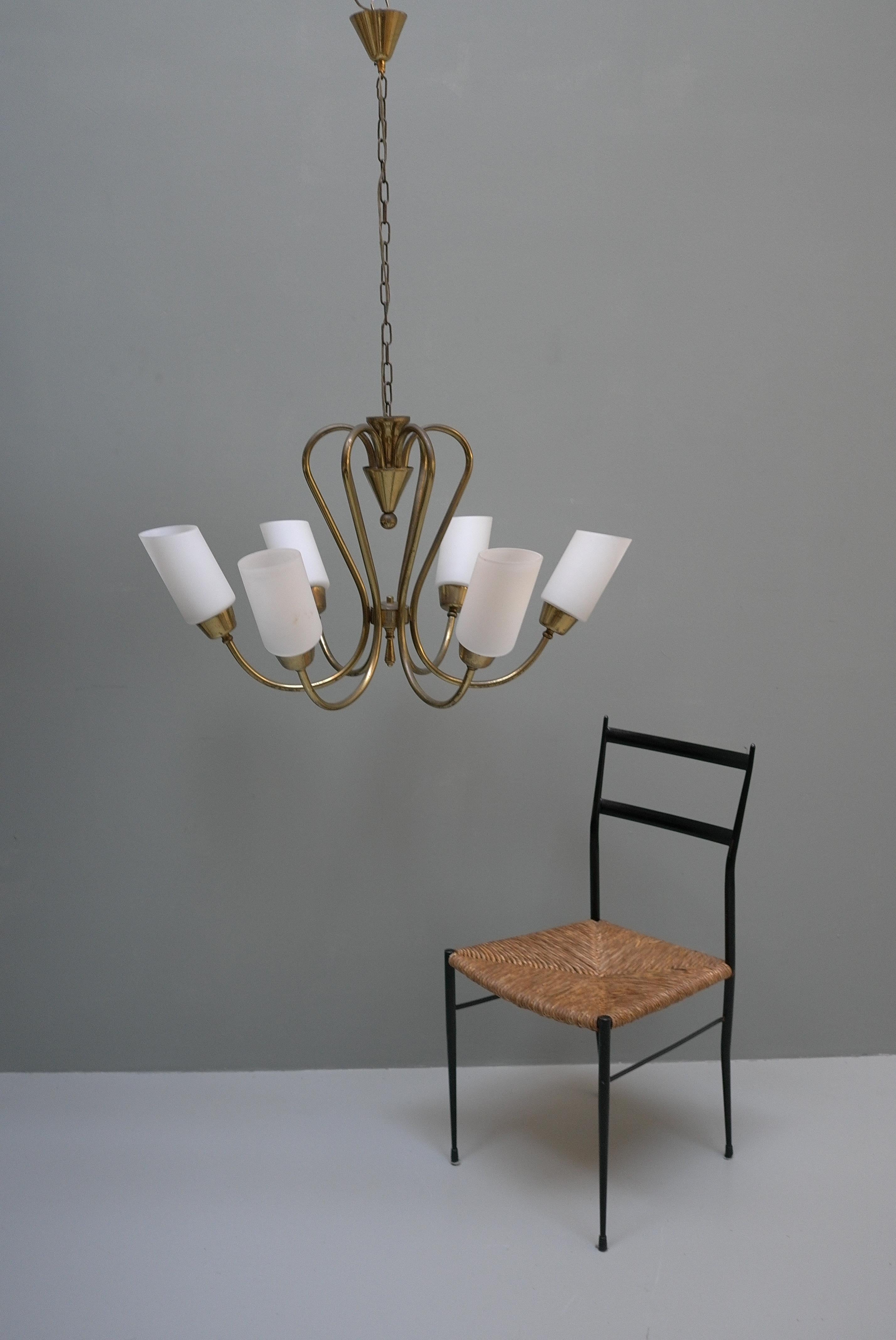 20th Century Chandelier in Brass with Opaline Glass, Italy 1950s For Sale