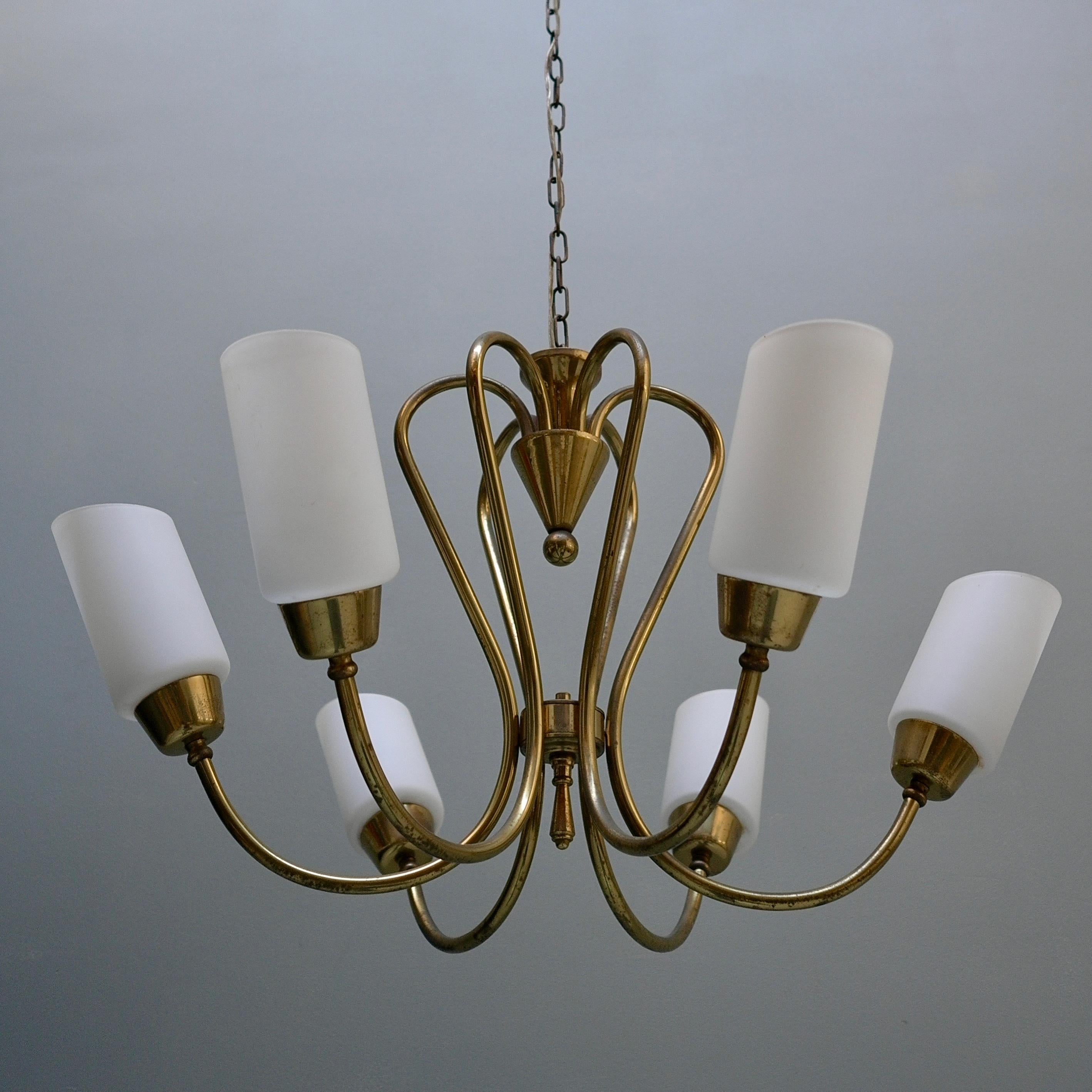 Chandelier in Brass with Opaline Glass, Italy 1950s For Sale 1