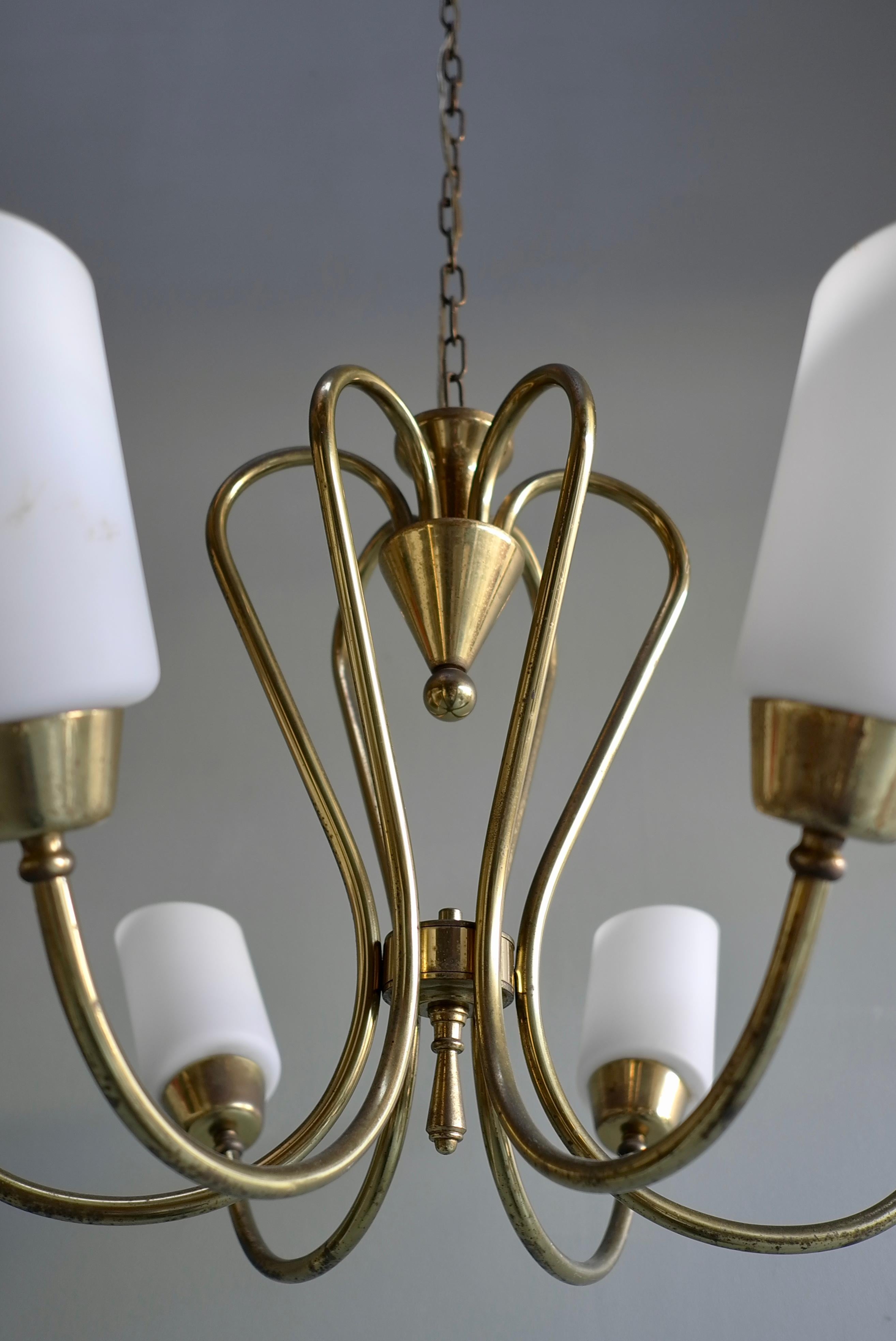 Chandelier in Brass with Opaline Glass, Italy 1950s For Sale 3