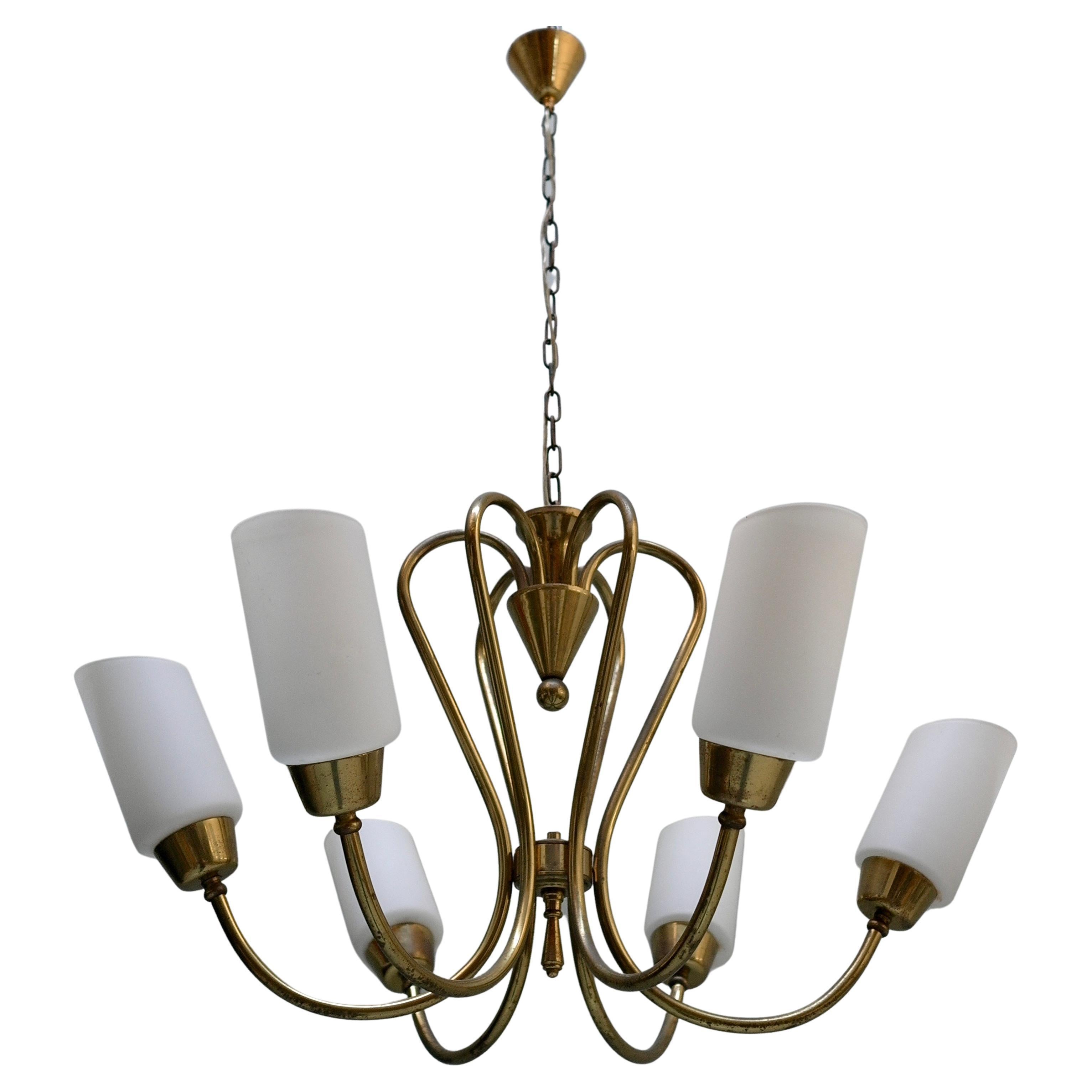 Chandelier in Brass with Opaline Glass, Italy 1950s