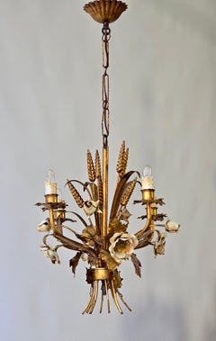 Chandelier In Brass with Painted White Roses