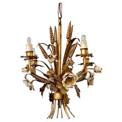 Chandelier In Brass with Painted White Roses