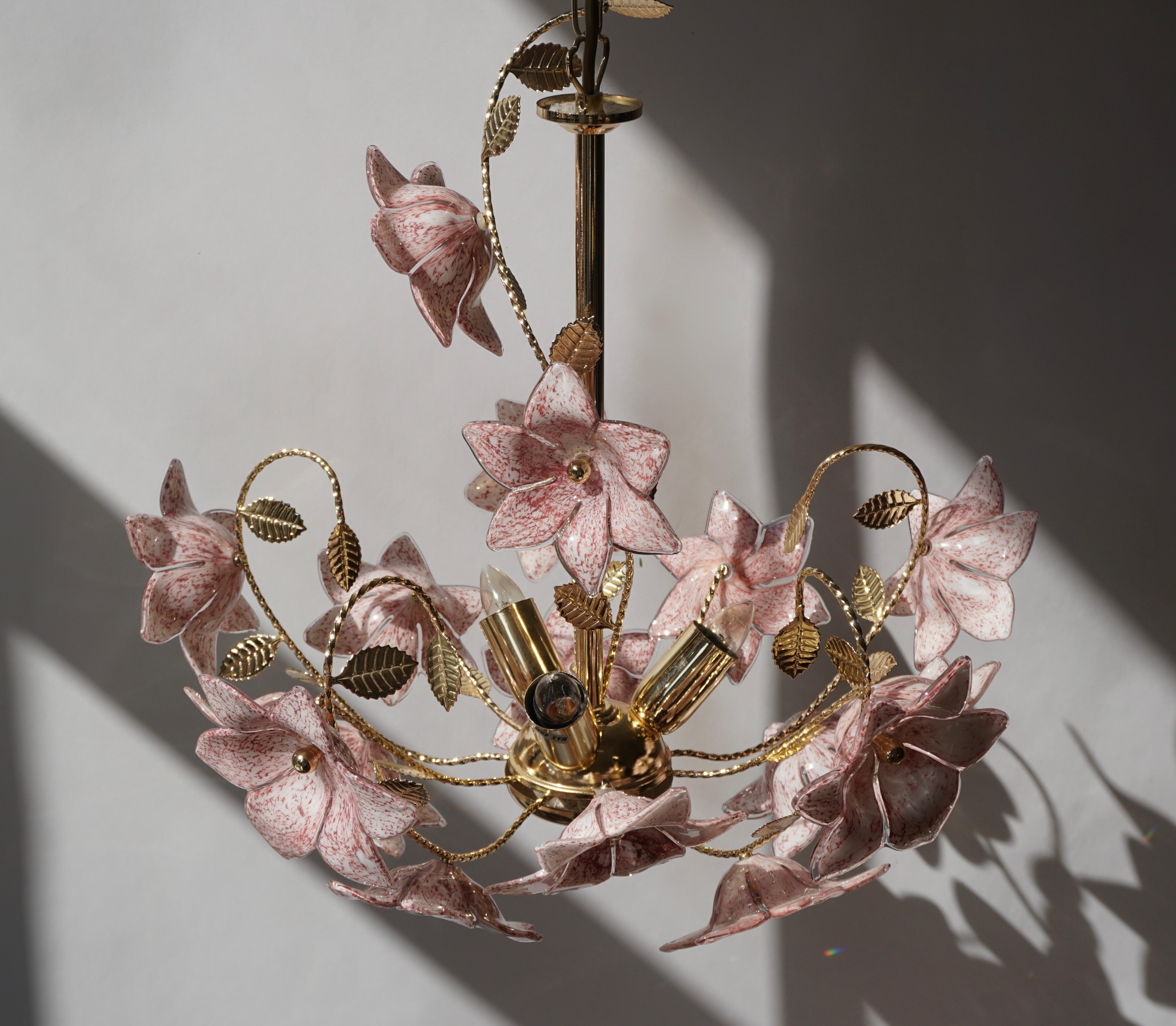 Mid-Century Modern Chandelier in Brass with Pink Murano Glass Flowers
