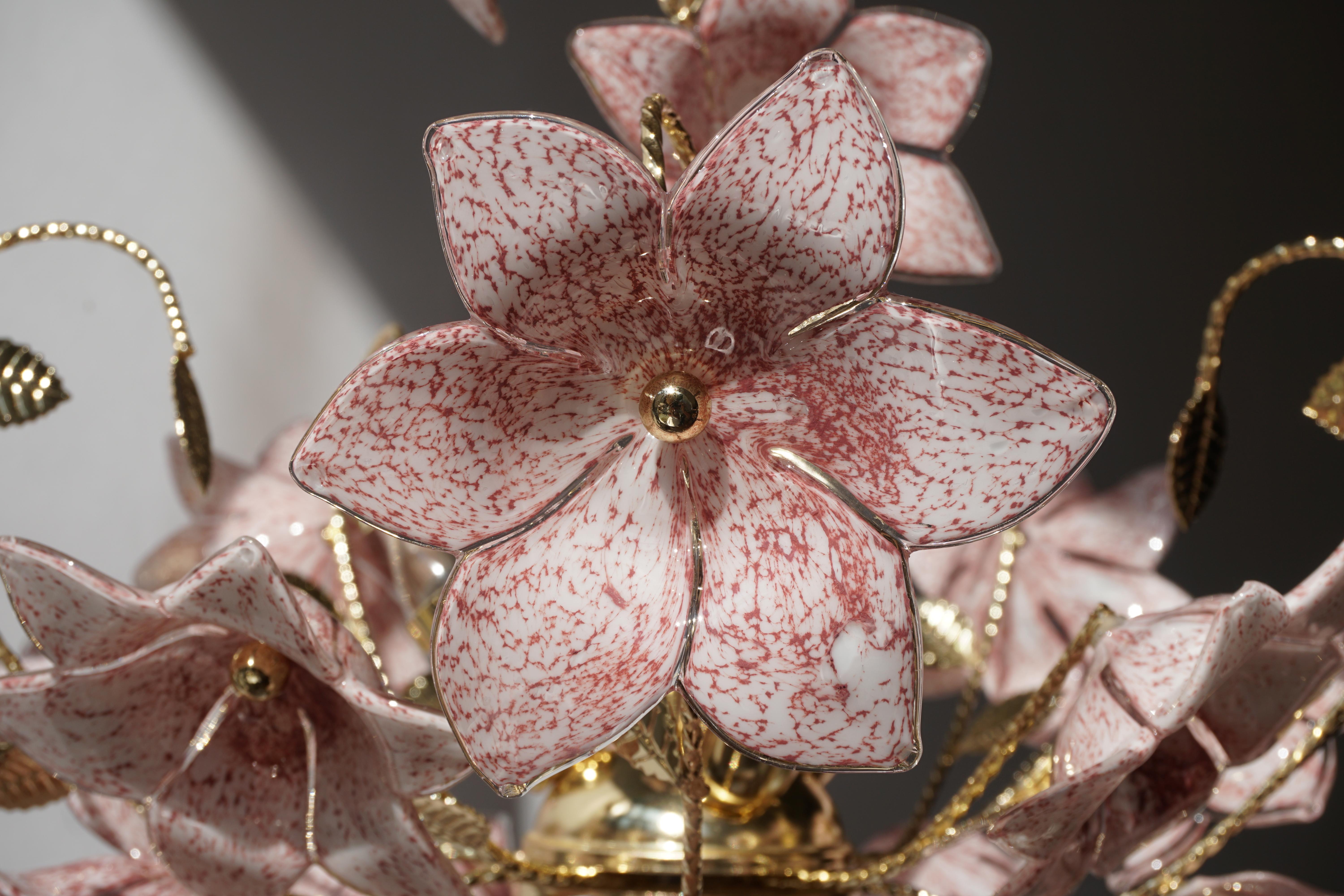 Italian Chandelier in Brass with Pink Murano Glass Flowers