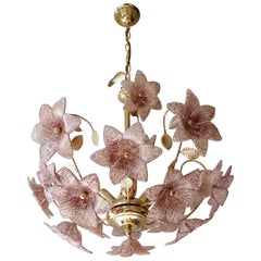 Chandelier in Brass with Pink Murano Glass Flowers