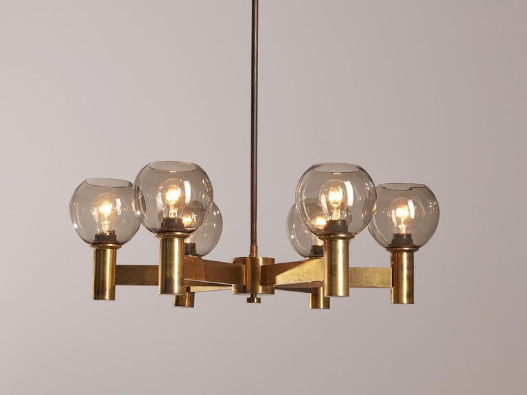 Chandelier in Brass with Smoked Glass Shades For Sale 5
