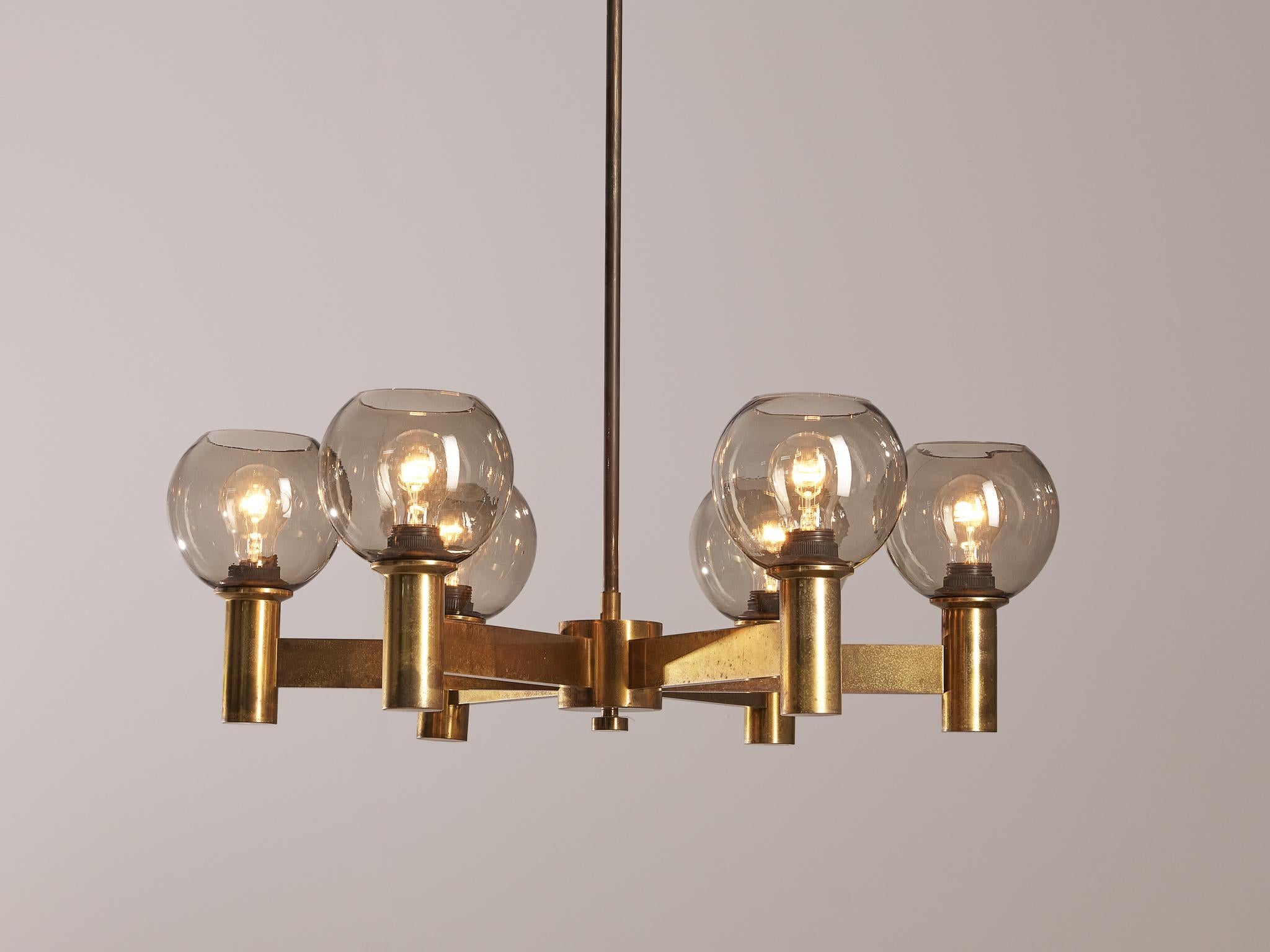 Scandinavian Modern Chandelier in Brass with Smoked Glass Shades  For Sale