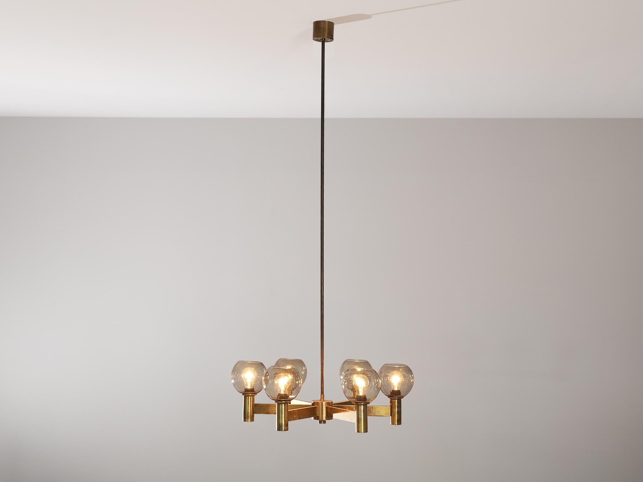 Swedish Chandelier in Brass with Smoked Glass Shades  For Sale
