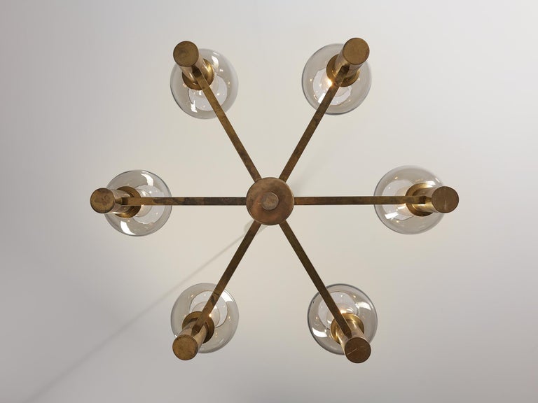Mid-20th Century Chandelier in Brass with Smoked Glass Shades For Sale