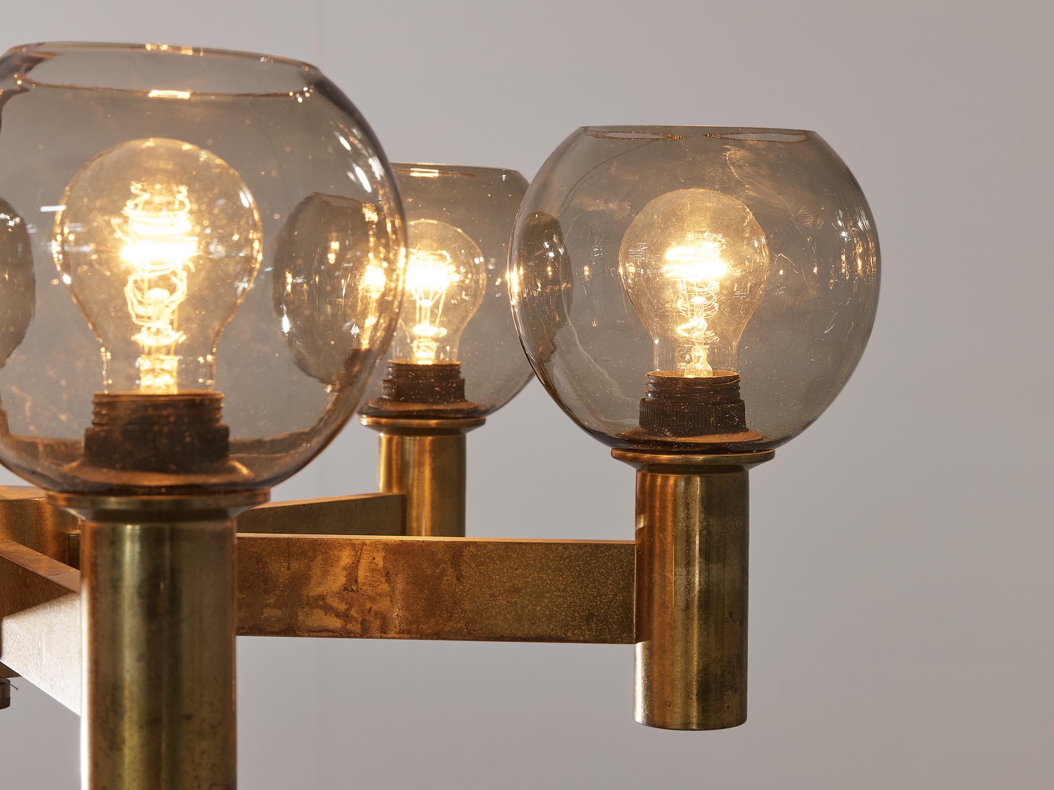 Mid-20th Century Chandelier in Brass with Smoked Glass Shades  For Sale