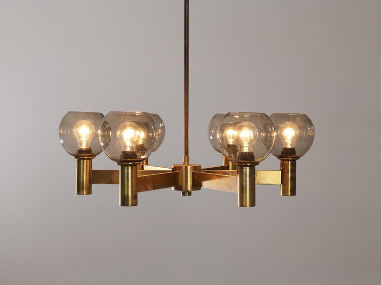 Chandelier in Brass with Smoked Glass Shades For Sale 1