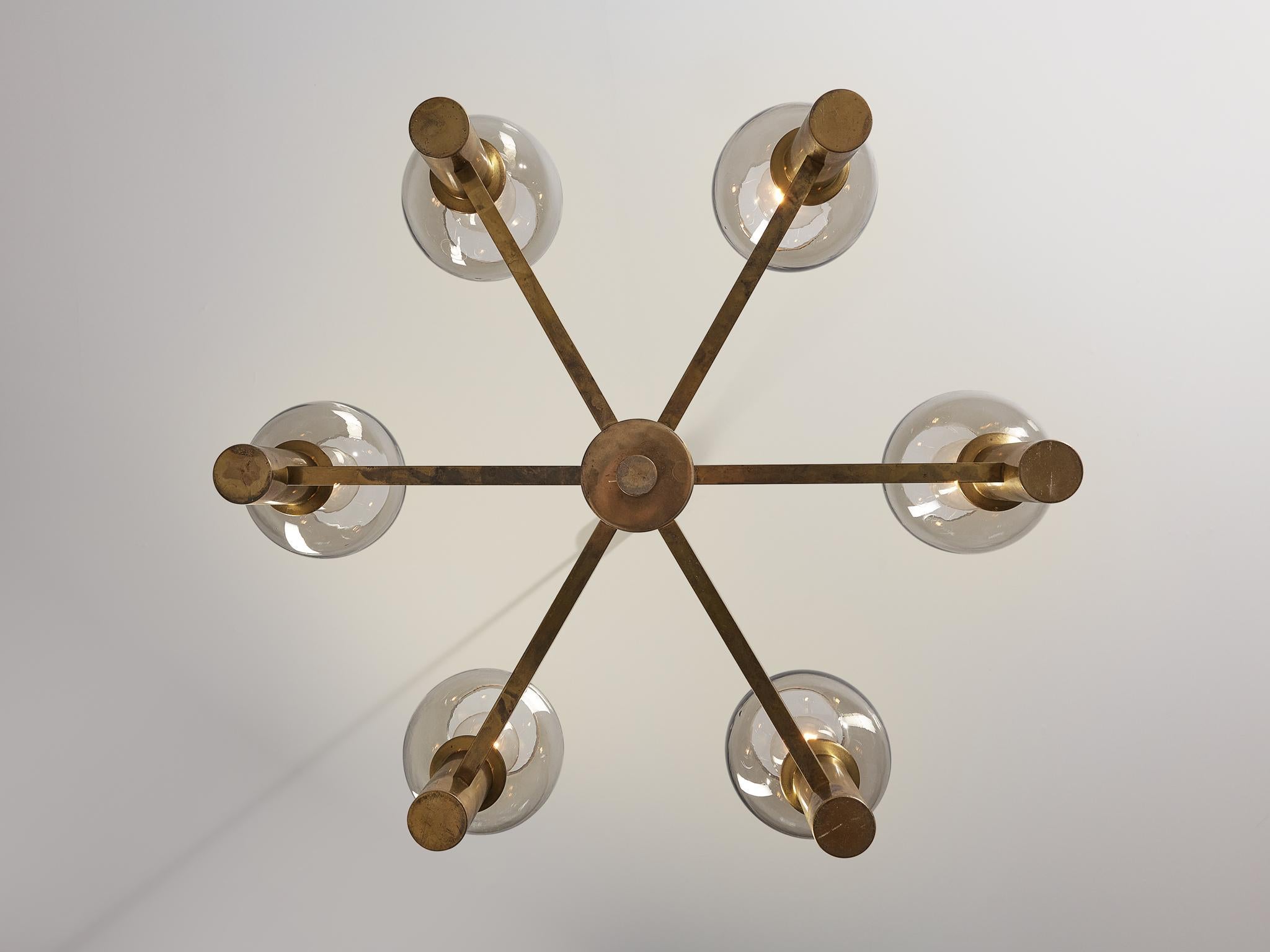 Chandelier in Brass with Smoked Glass Shades  For Sale 1