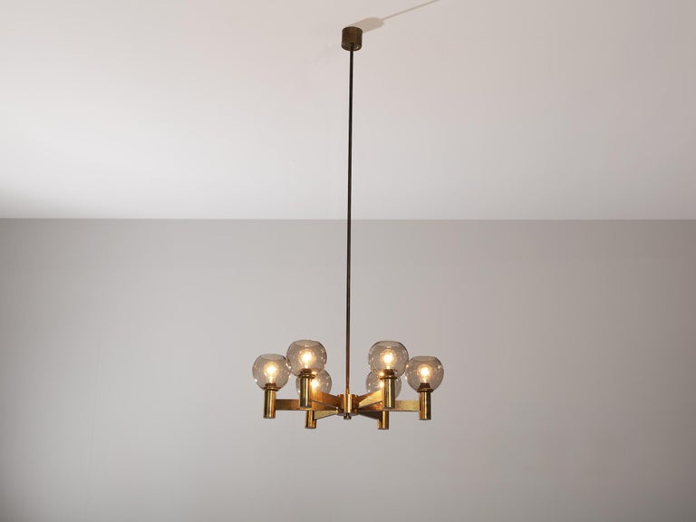 Chandelier in Brass with Smoked Glass Shades For Sale 2
