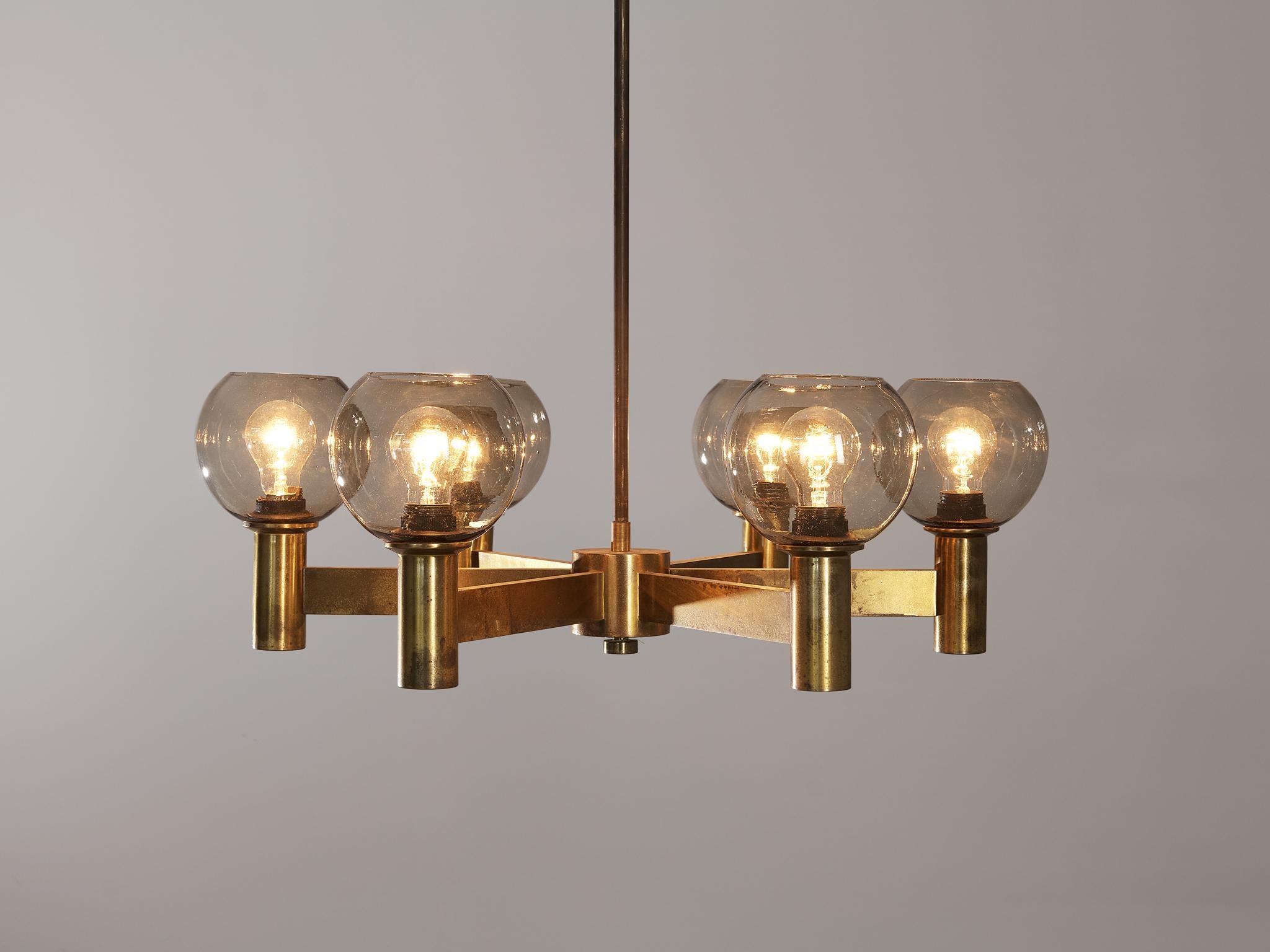 Chandelier in Brass with Smoked Glass Shades  For Sale 2