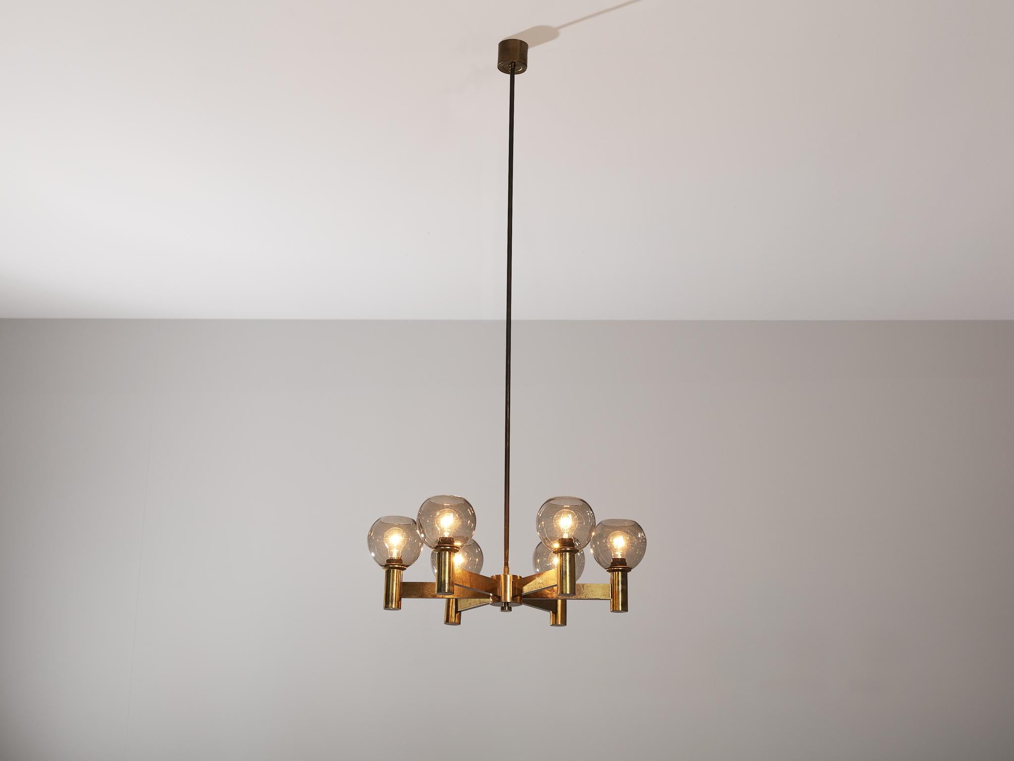 Chandelier in Brass with Smoked Glass Shades  For Sale 3