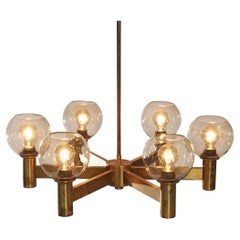 Vintage Chandelier in Brass with Smoked Glass Shades