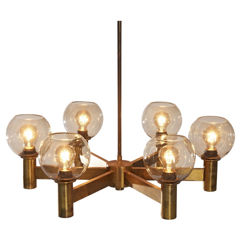 Chandelier in Brass with Smoked Glass Shades For Sale