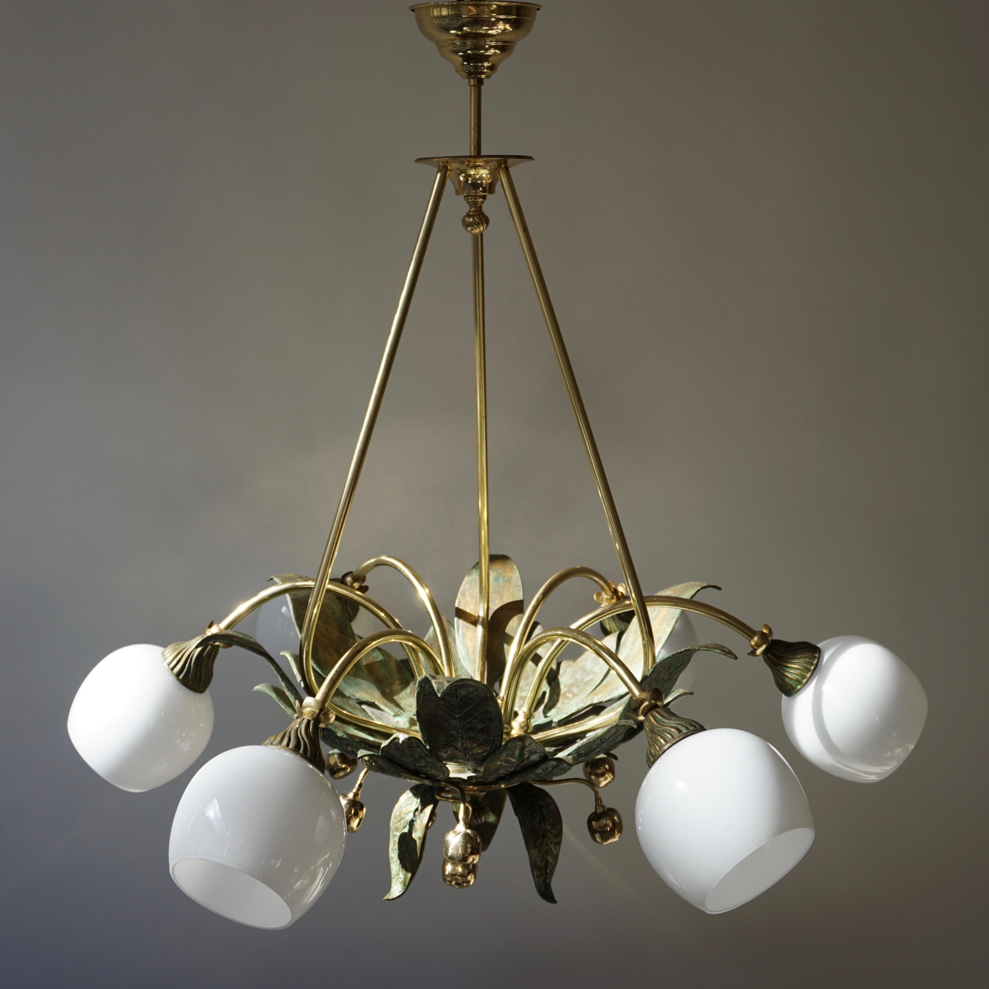 Chandelier in Bronze and Brass with Glass Shades For Sale 7