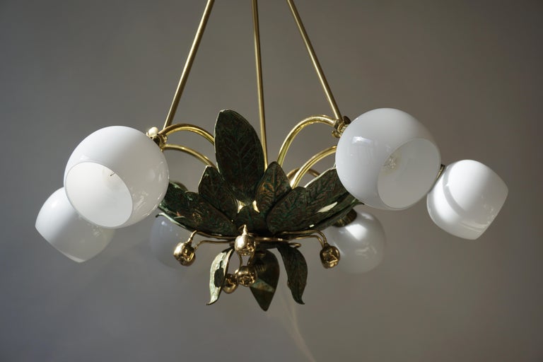 Chandelier in Bronze and Brass with Glass Shades For Sale 8
