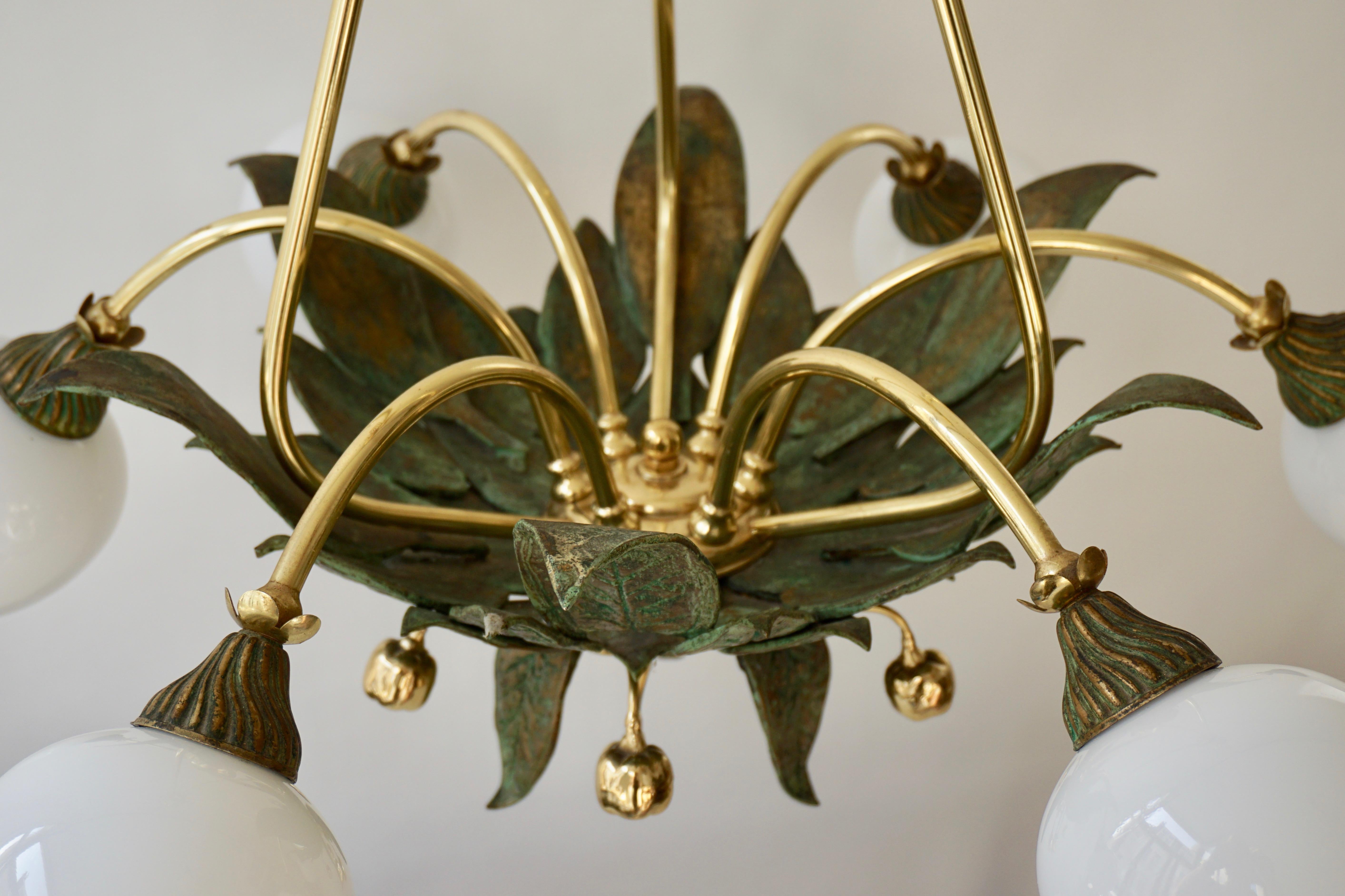 Chandelier in Bronze and Brass with Glass Shades For Sale 14