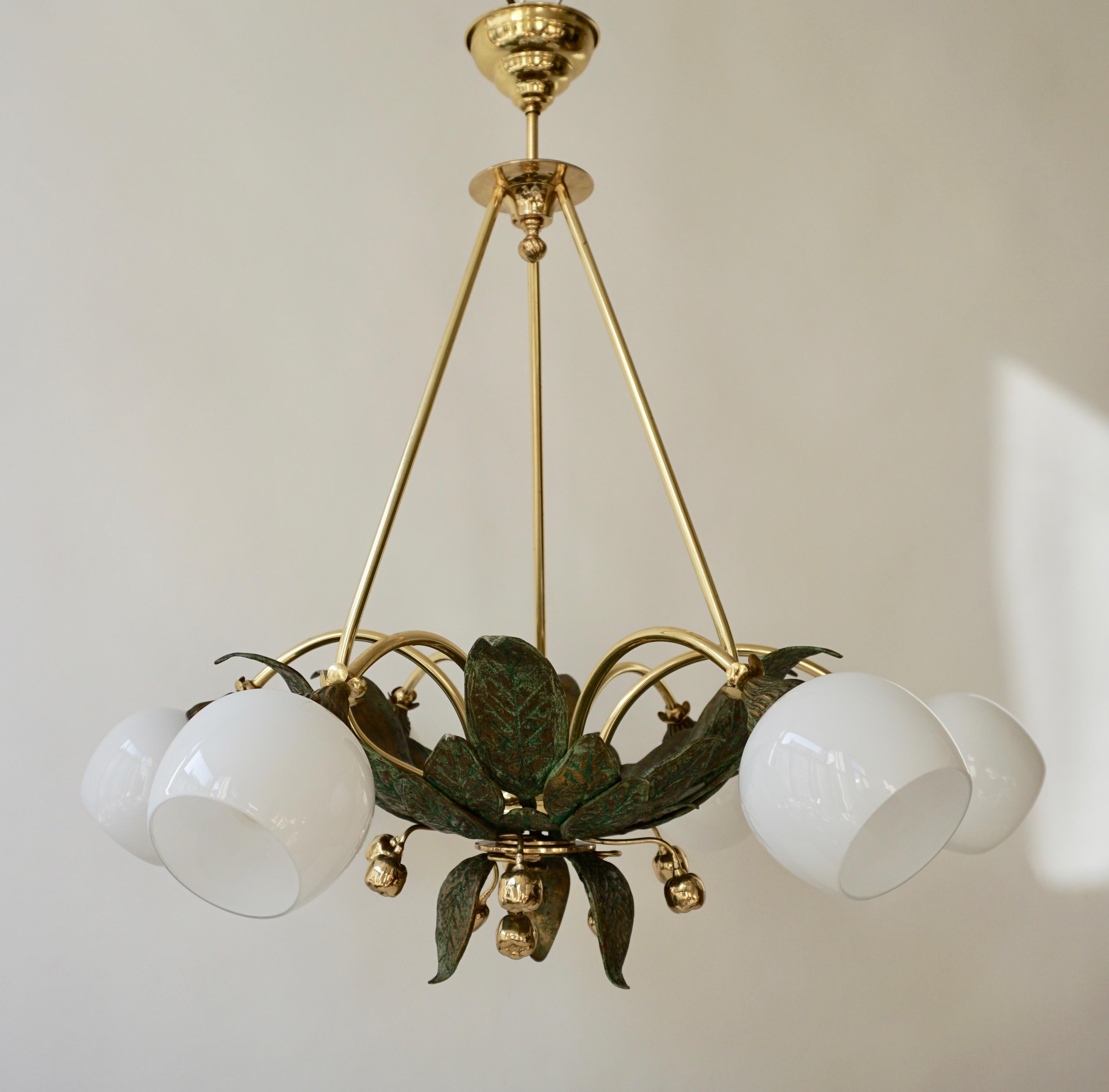 Italian Chandelier in Bronze and Brass with Glass Shades For Sale