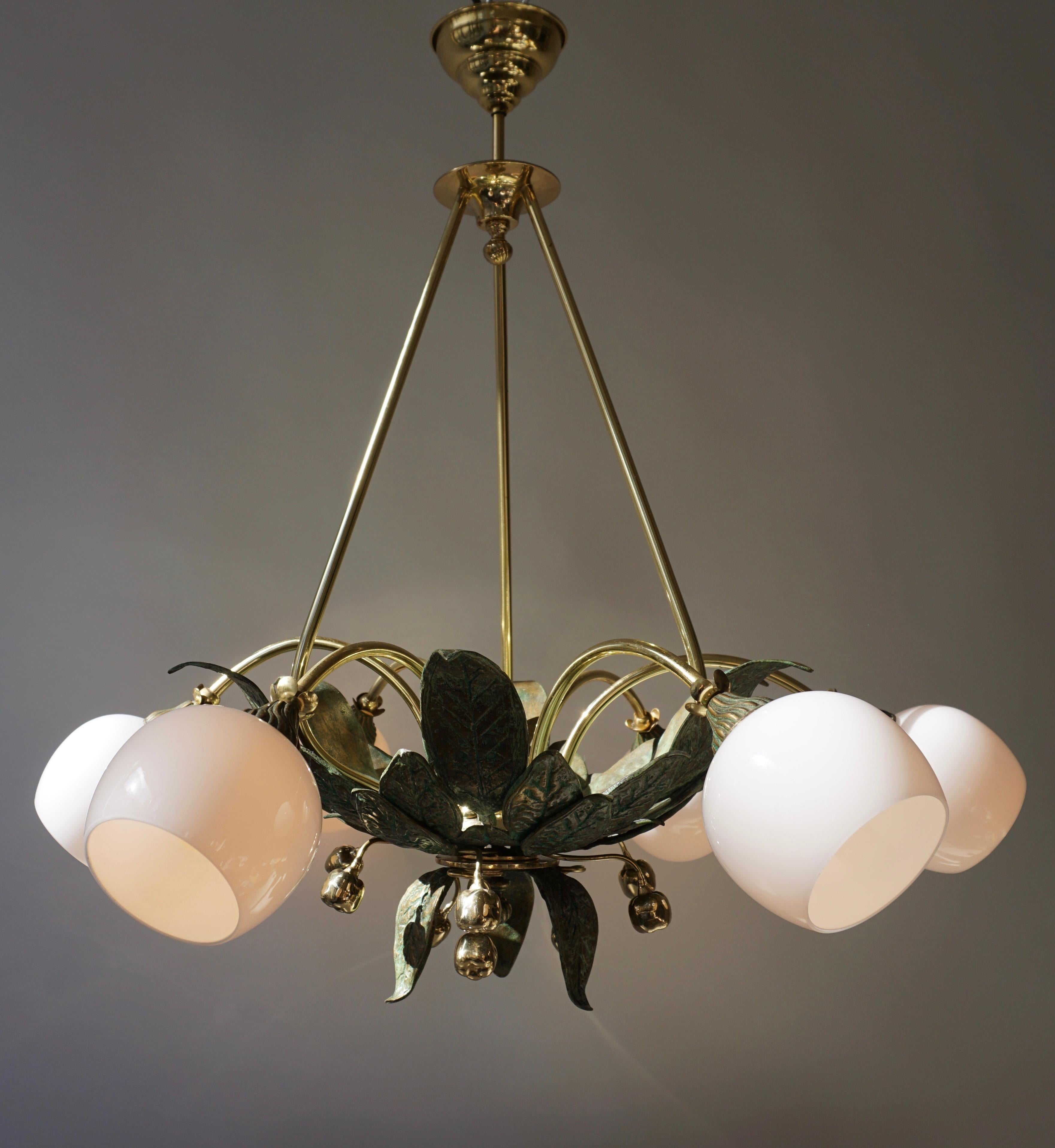 Chandelier in Bronze and Brass with Glass Shades In Good Condition For Sale In Antwerp, BE