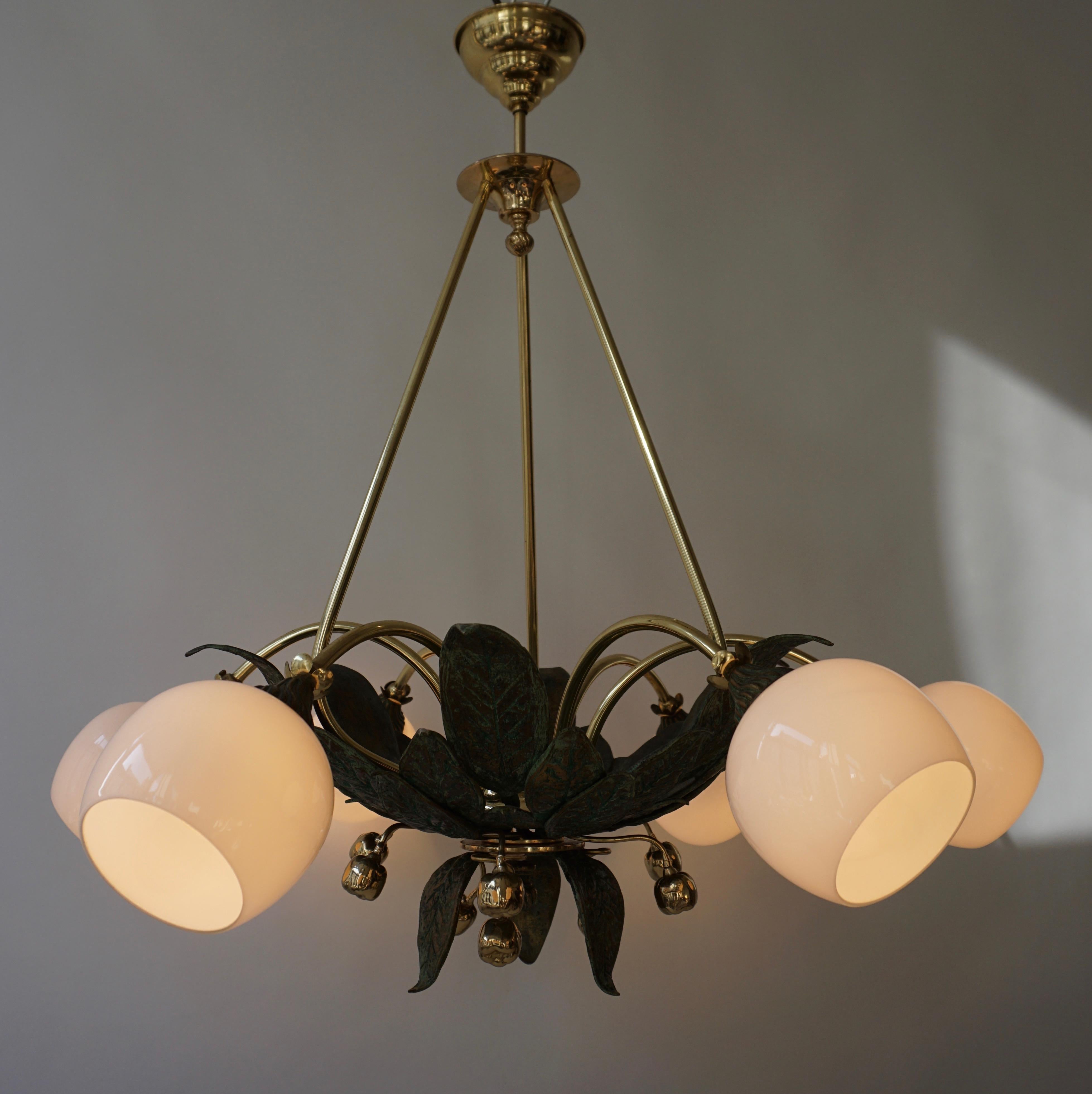 20th Century Chandelier in Bronze and Brass with Glass Shades For Sale
