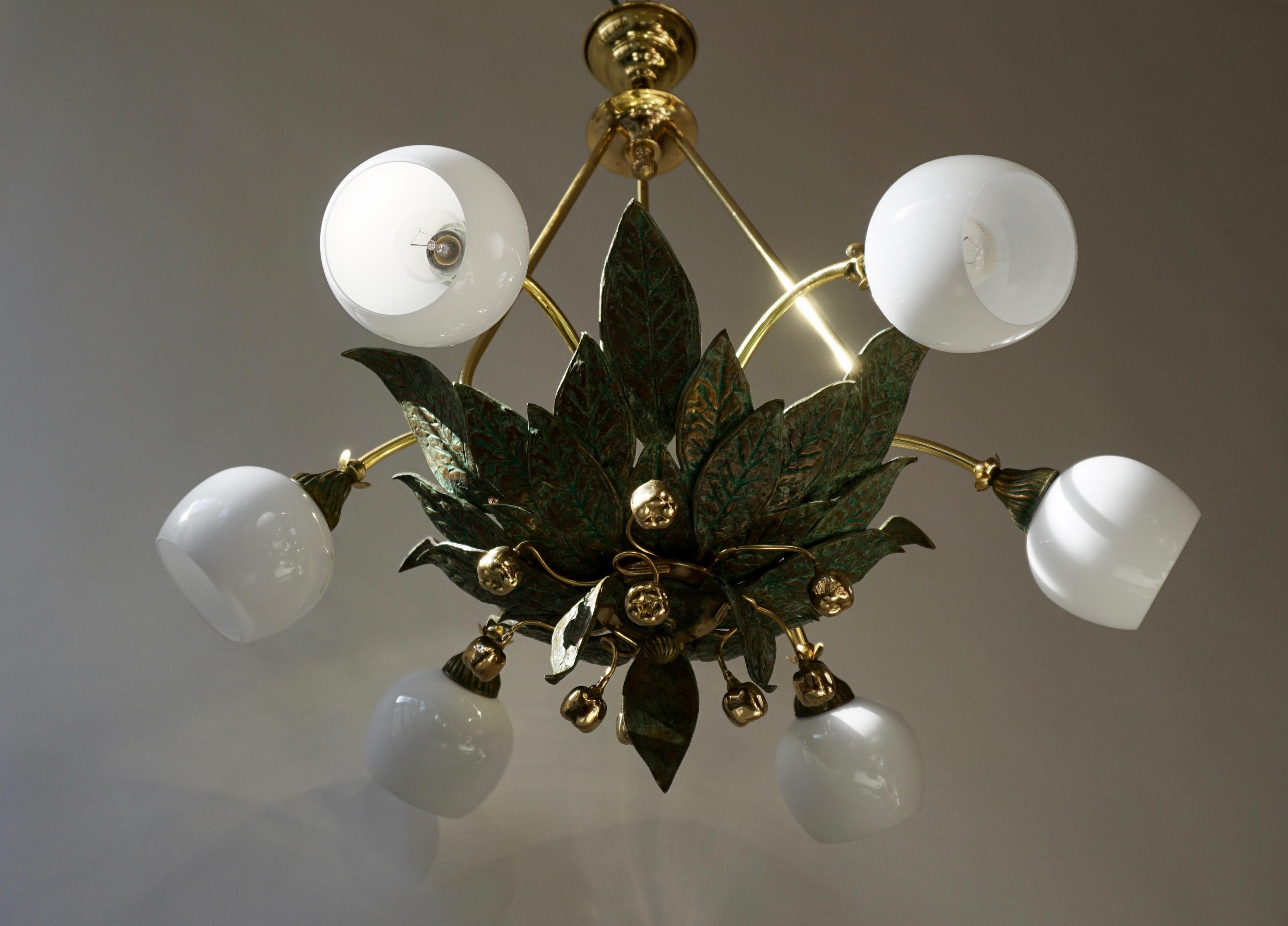 Chandelier in Bronze and Brass with Glass Shades For Sale 3