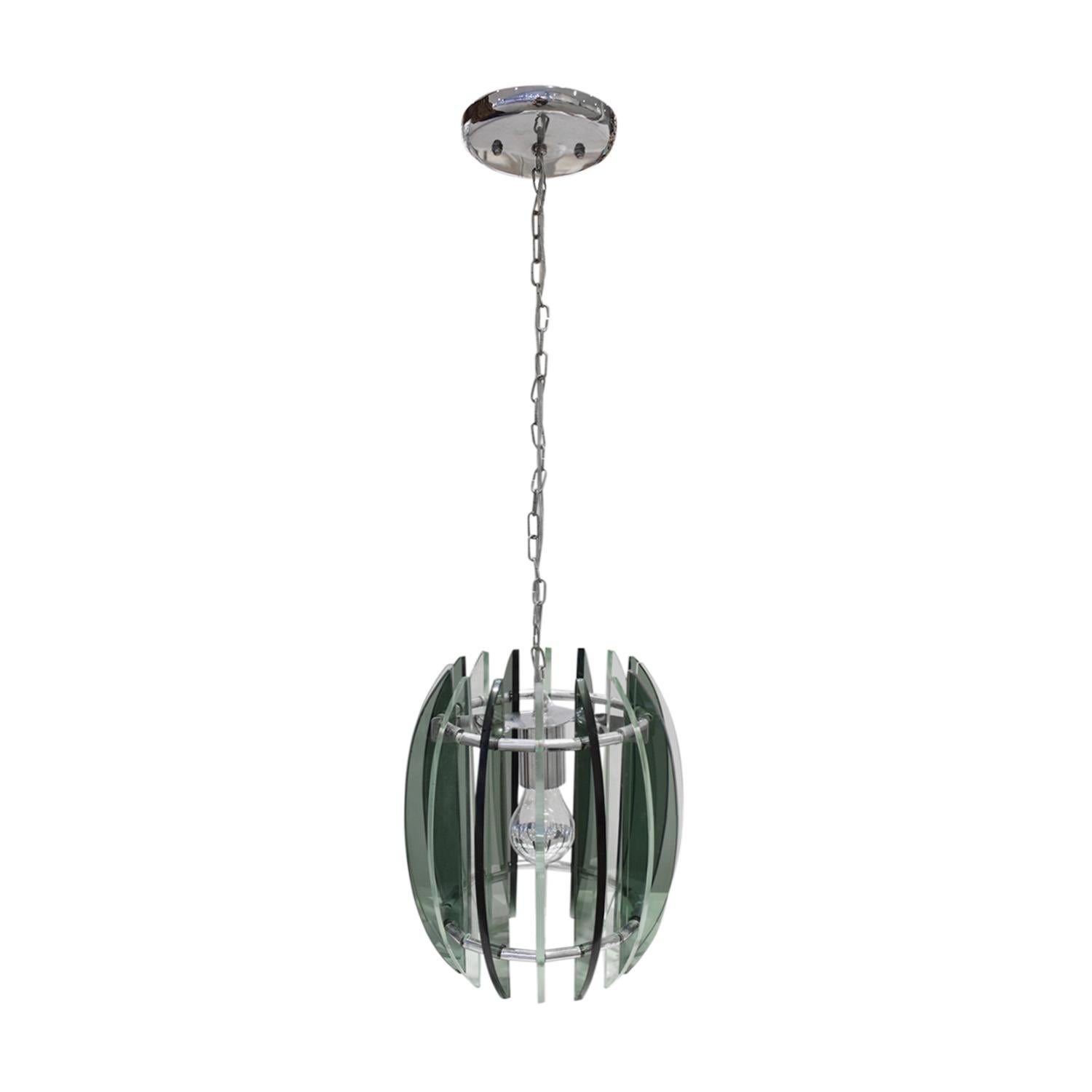 Mid-Century Modern Chandelier in Chrome and Glass in the Style of Fontana Arte, 1970s For Sale