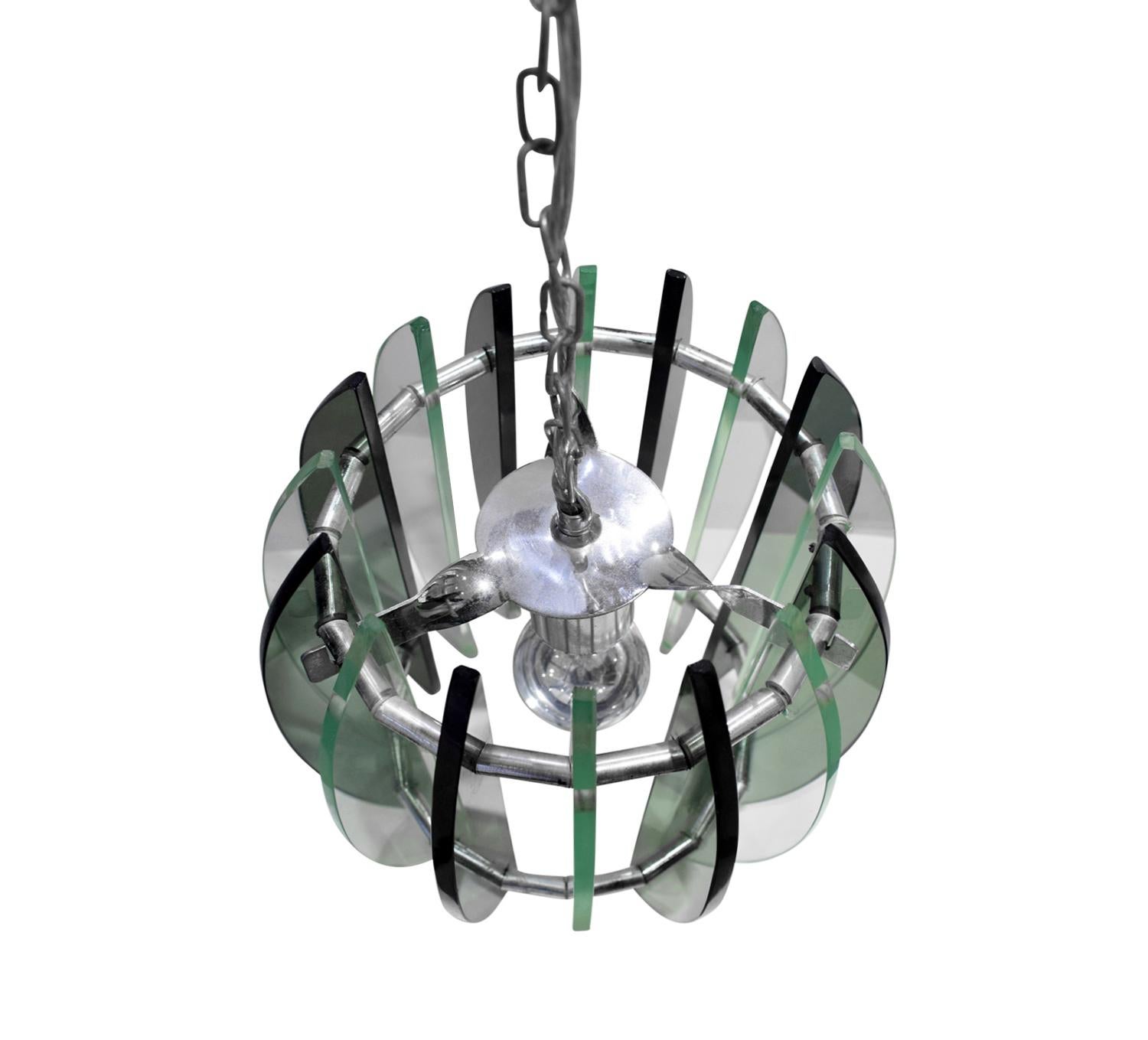 Italian Chandelier in Chrome and Glass in the Style of Fontana Arte, 1970s For Sale