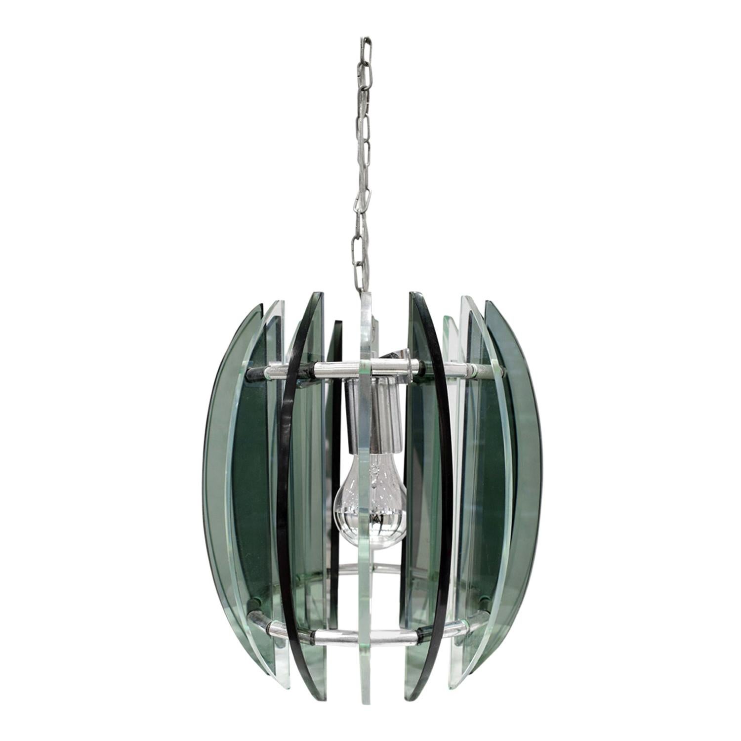 Chandelier in Chrome and Glass in the Style of Fontana Arte, 1970s For Sale