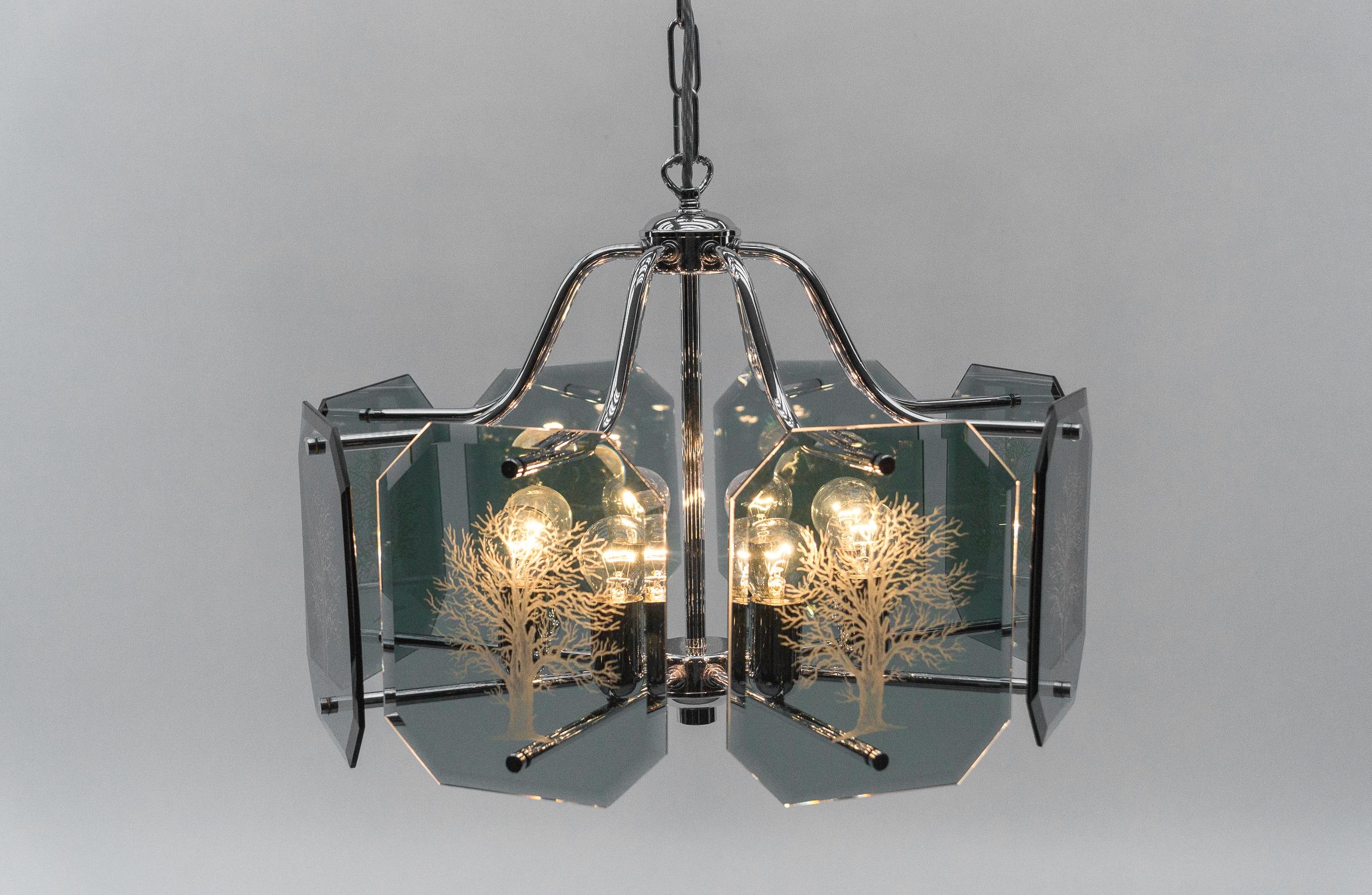 Chandelier in Chrome with 8 cut Glass Panes with Tree of Life Motif, 1960s  For Sale 2