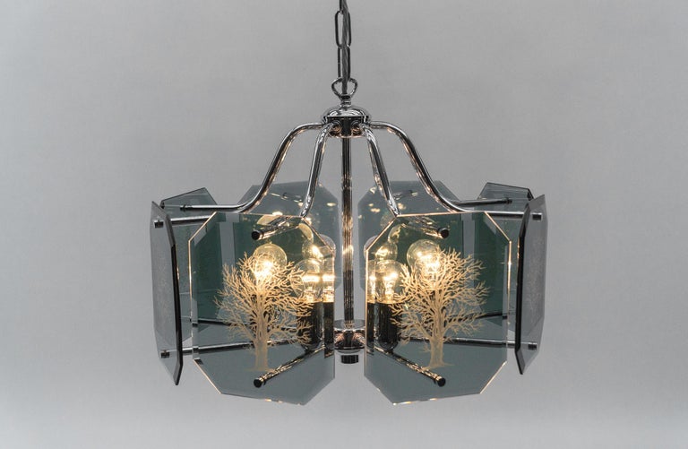 Chandelier in Chrome with 8 cut Glass Panes with Tree of Life Motif