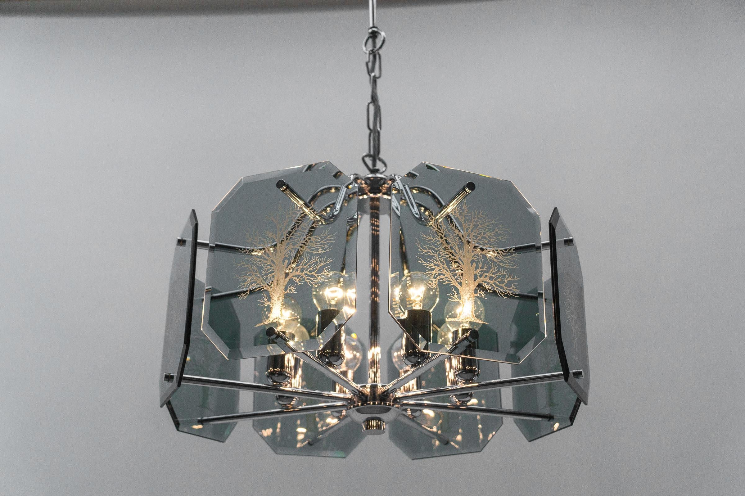 Chandelier in Chrome with 8 cut Glass Panes with Tree of Life Motif, 1960s  For Sale 3