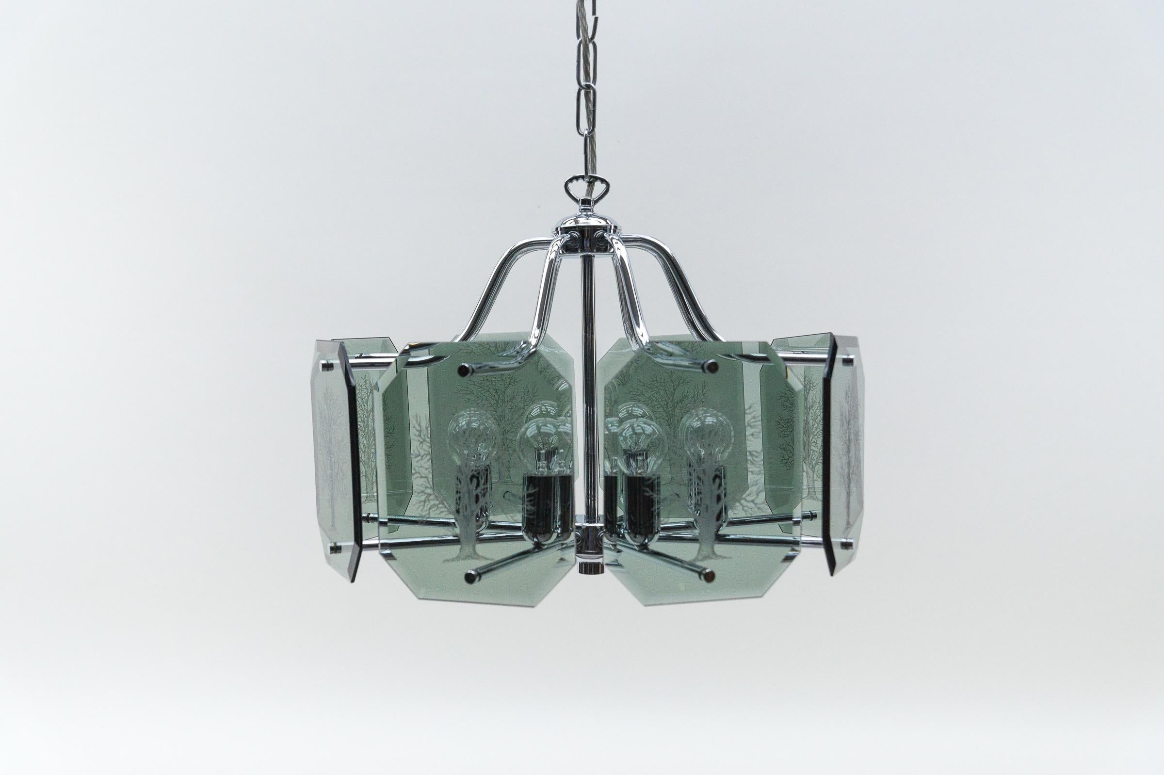 Space Age Chandelier in Chrome with 8 cut Glass Panes with Tree of Life Motif, 1960s  For Sale