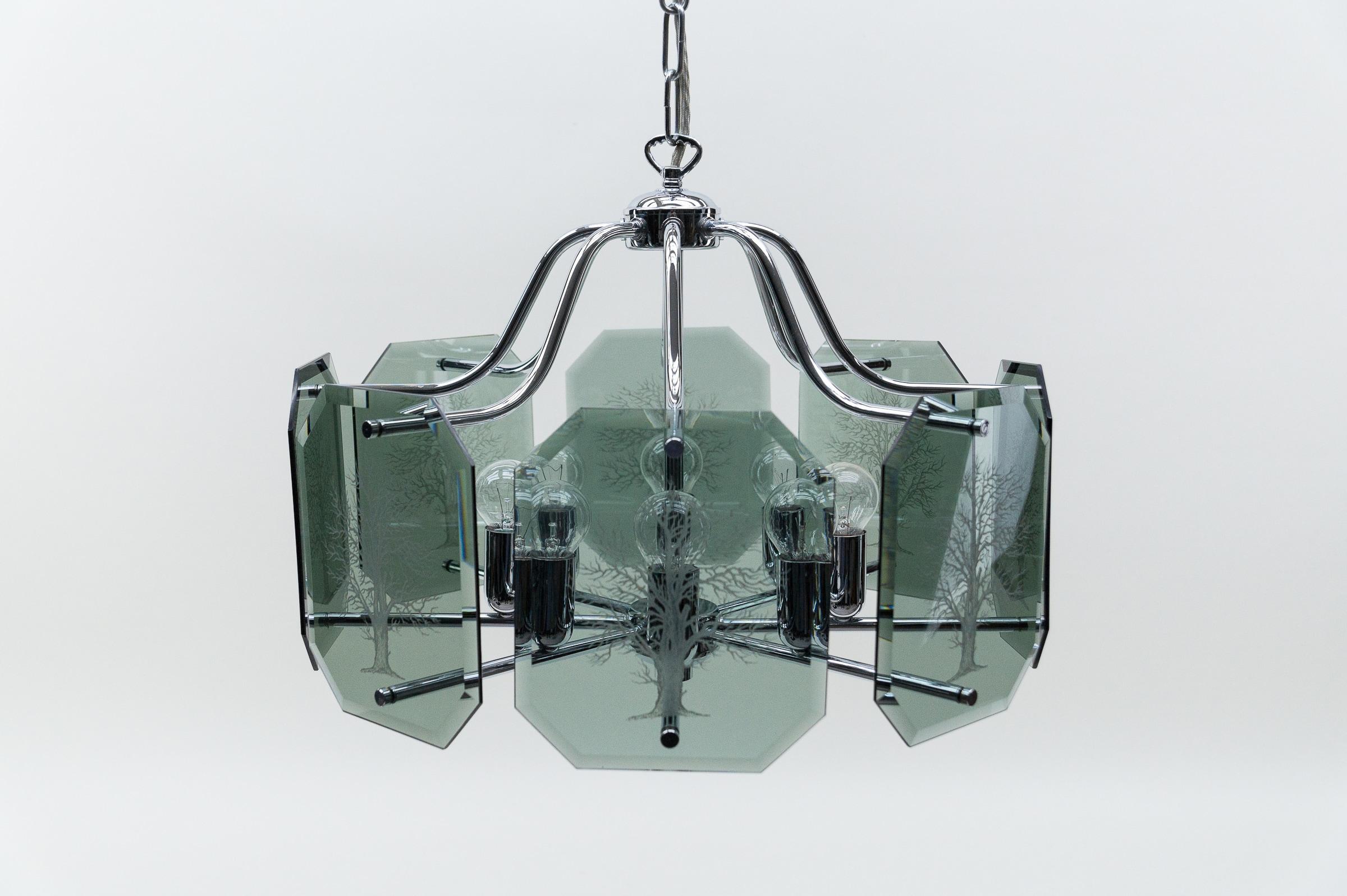German Chandelier in Chrome with 8 cut Glass Panes with Tree of Life Motif, 1960s  For Sale