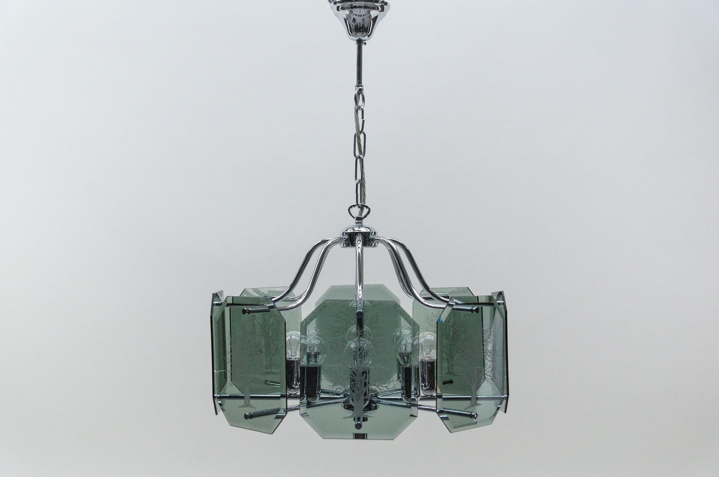 Mid-20th Century Chandelier in Chrome with 8 cut Glass Panes with Tree of Life Motif, 1960s  For Sale