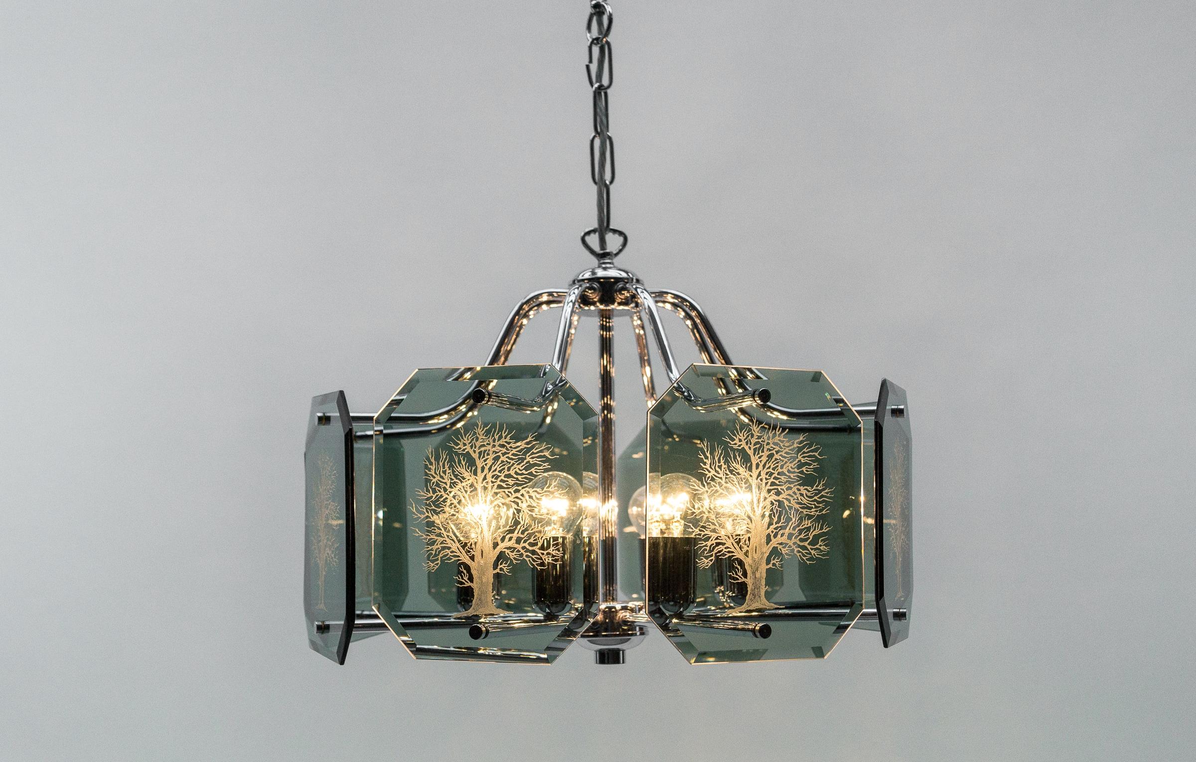 Metal Chandelier in Chrome with 8 cut Glass Panes with Tree of Life Motif, 1960s  For Sale