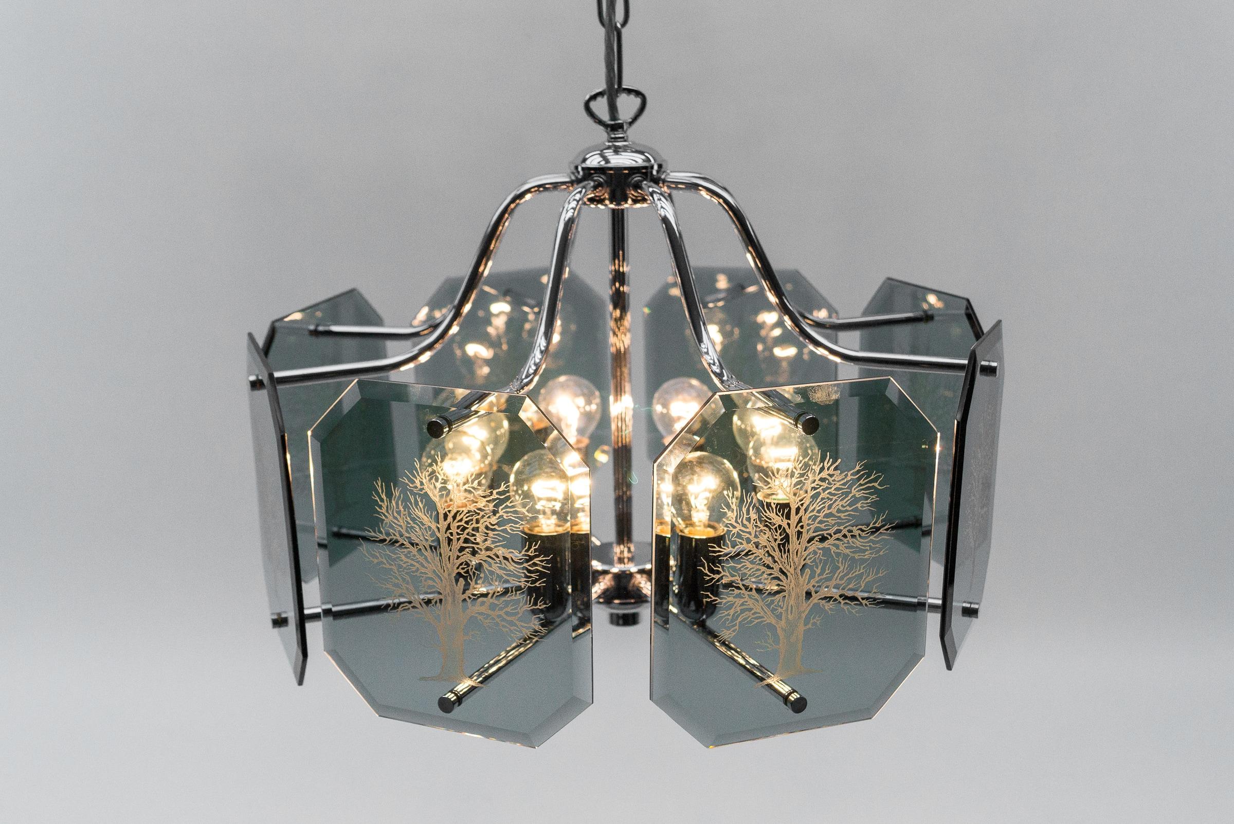 Chandelier in Chrome with 8 cut Glass Panes with Tree of Life Motif, 1960s  For Sale 1