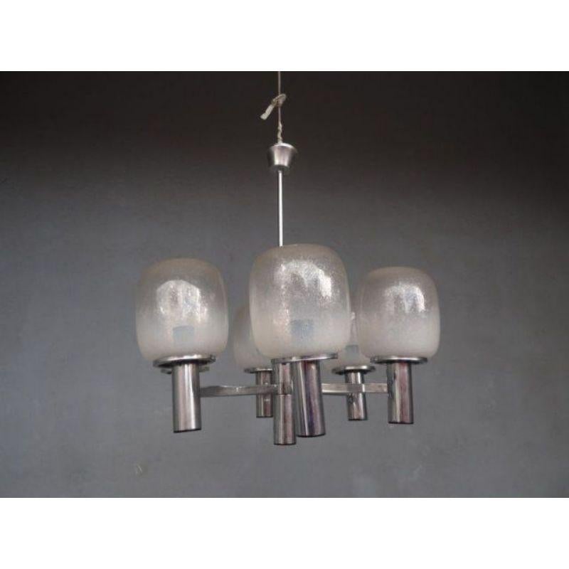 Chrome metal chandelier and blown glass 1970 with light. Colored globes and granitas. Dimension height 70 cm for a diameter of 70 cm.

Additional information: 
Material: Glass & crystal
Style: Vintage 1970.