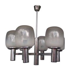 Lampadario in metallo cromato e vetro soffiato, 1970