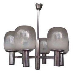 Lampadario in metallo cromato e vetro soffiato, 1970